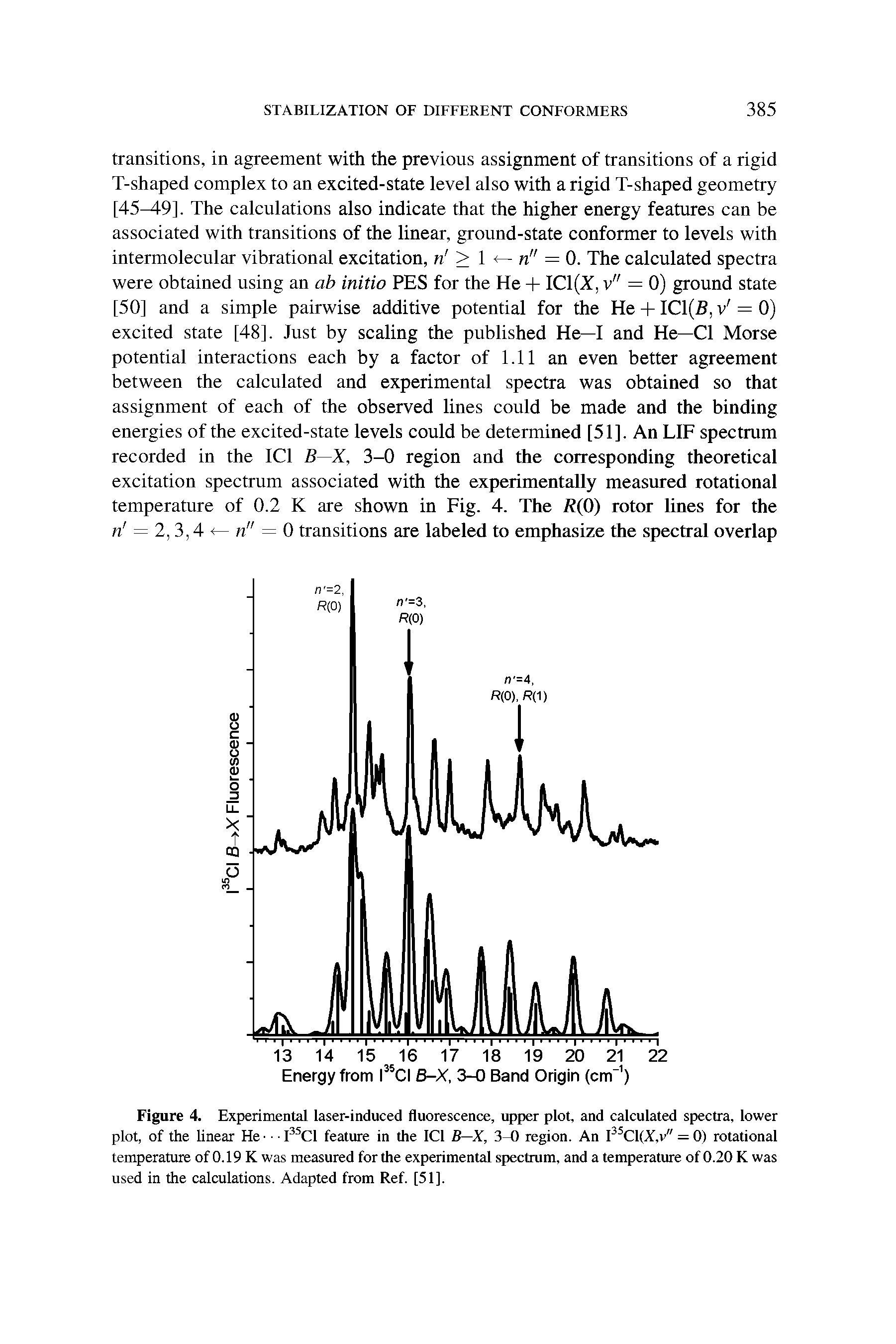 Figure 4. Experimental laser-induced fluorescence, upper plot, and calculated spectra, lower plot, of the linear He P Cl feature in the ICl B—X, 3-0 region. An P Cl(X,v" = 0) rotational temperature of 0.19 K was measured for the experimental spectrum, and a temperature of 0.20 K was used in the calculations. Adapted from Ref. [51].