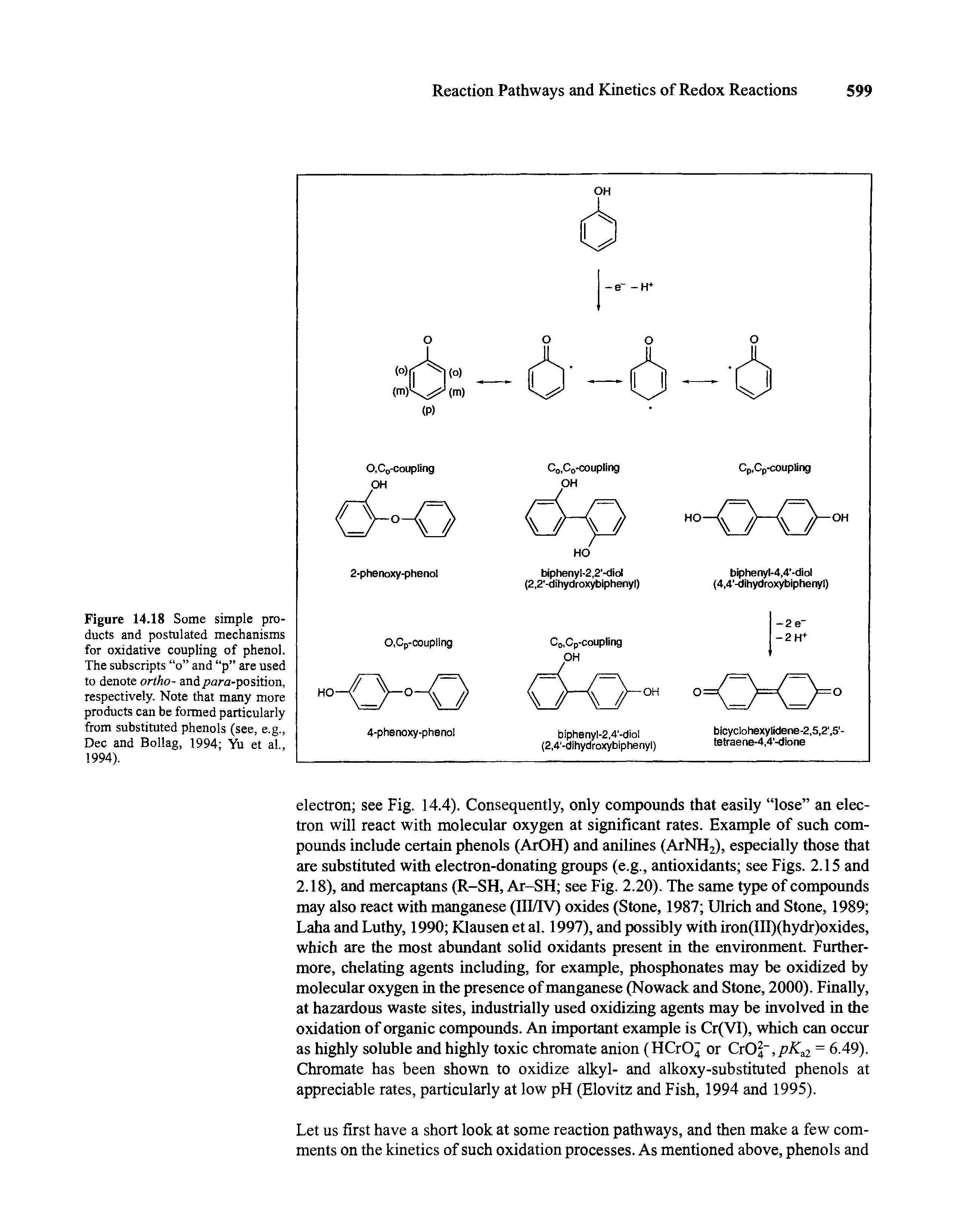 Figure 14.18 Some simple products and postulated mechanisms for oxidative coupling of phenol. The subscripts o and p are used to denote ortho- and para-position, respectively. Note that many more products can be formed particularly from substituted phenols (see, e.g., Dec and Bollag, 1994 Yu et al., 1994).