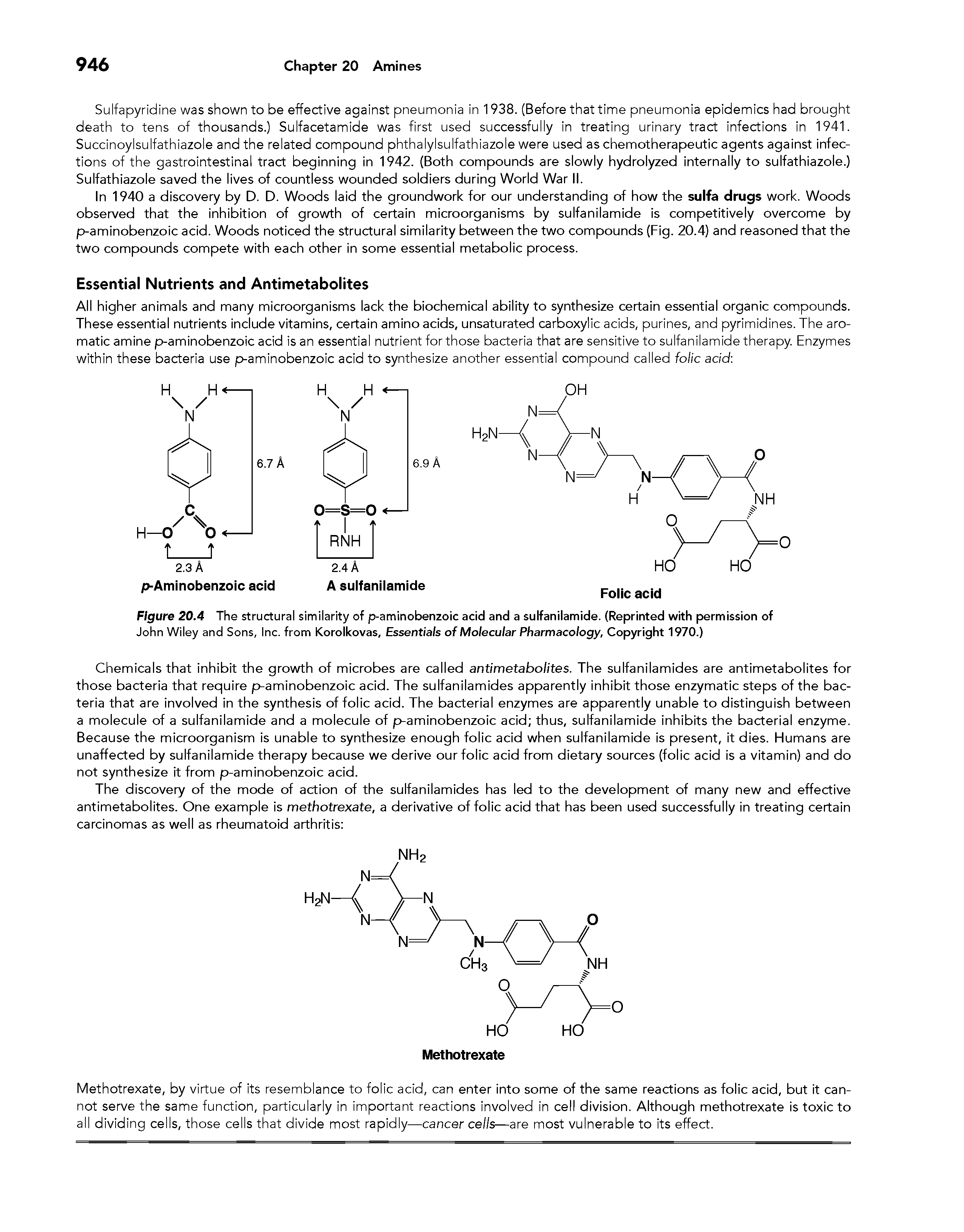 Figure 20.4 The structural similarity of p-aminobenzoic acid and a sulfanilamide. (Reprinted with permission of John Wiley and Sons, Inc. from Korolkovas, Essentials of Molecular Pharmacology, Copyright 1970.)...