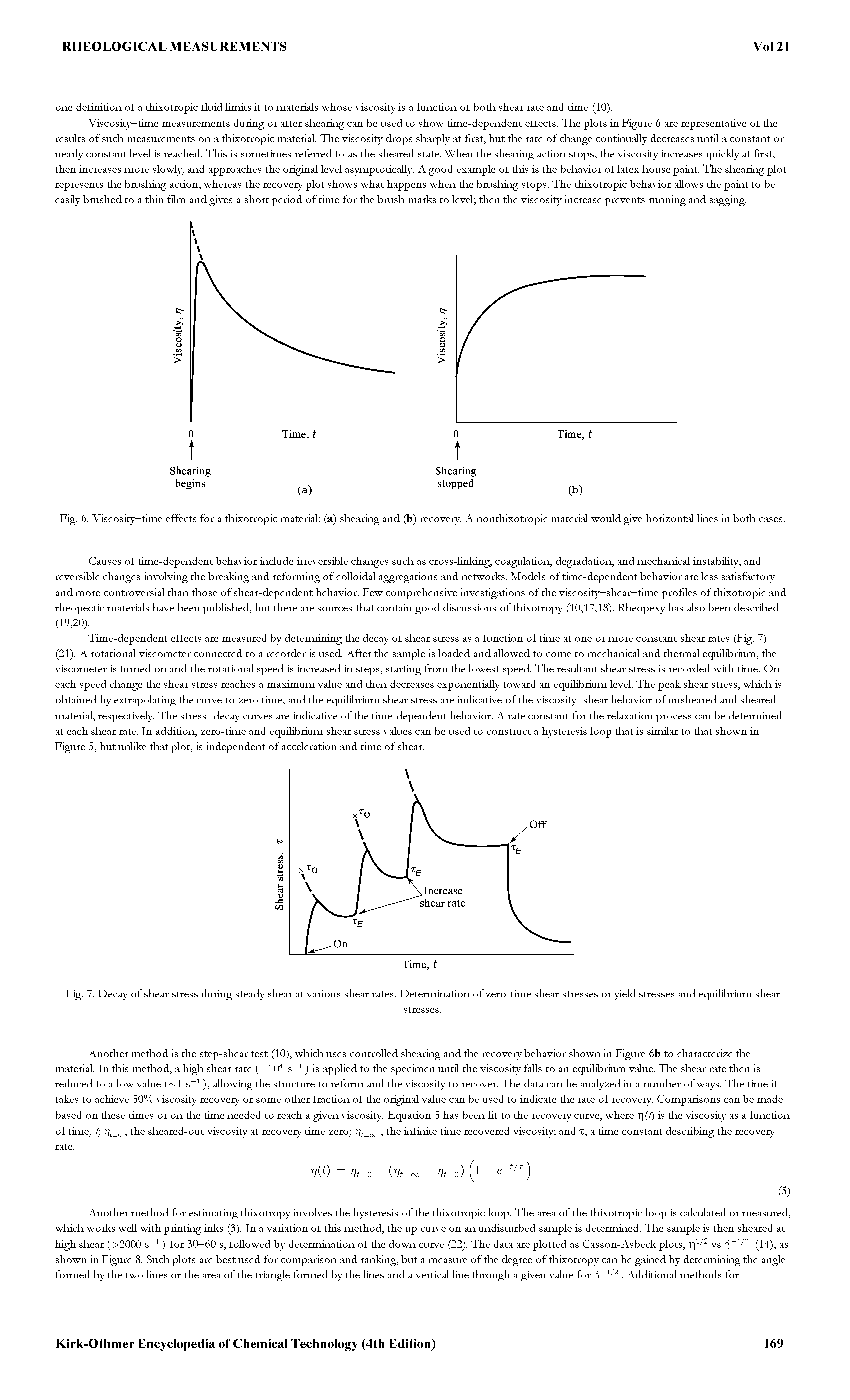 Fig. 6. Viscosity—time effects for a thixotropic material (a) shearing and (b) recovery. A nonthixotropic material would give horizontal lines in both cases.