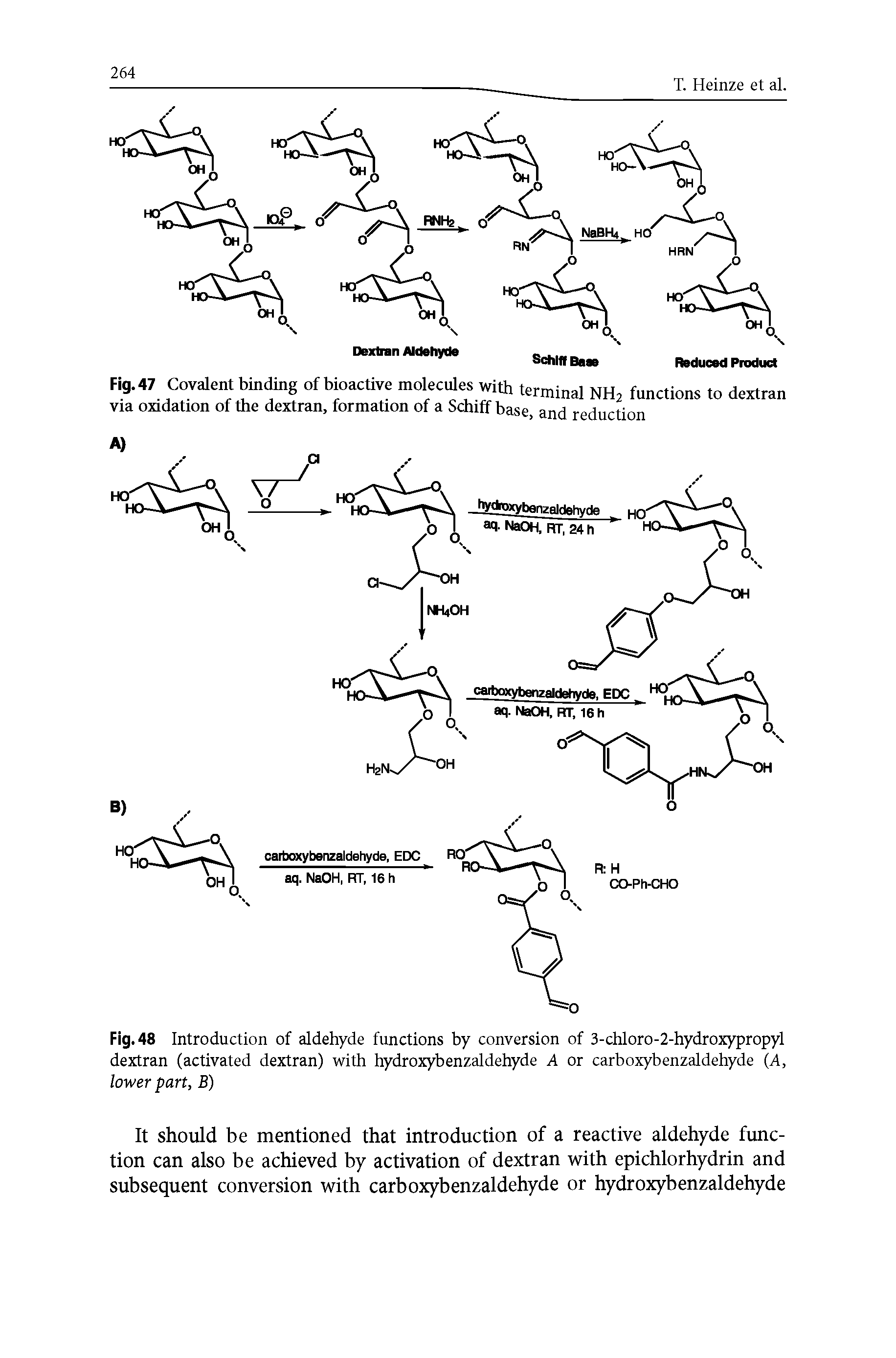 Fig. 48 Introduction of aldehyde functions by conversion of 3-chloro-2-hydroxypropyl dextran (activated dextran) with hydroxybenzaldehyde A or carboxybenzaldehyde (A, lower part, B)...