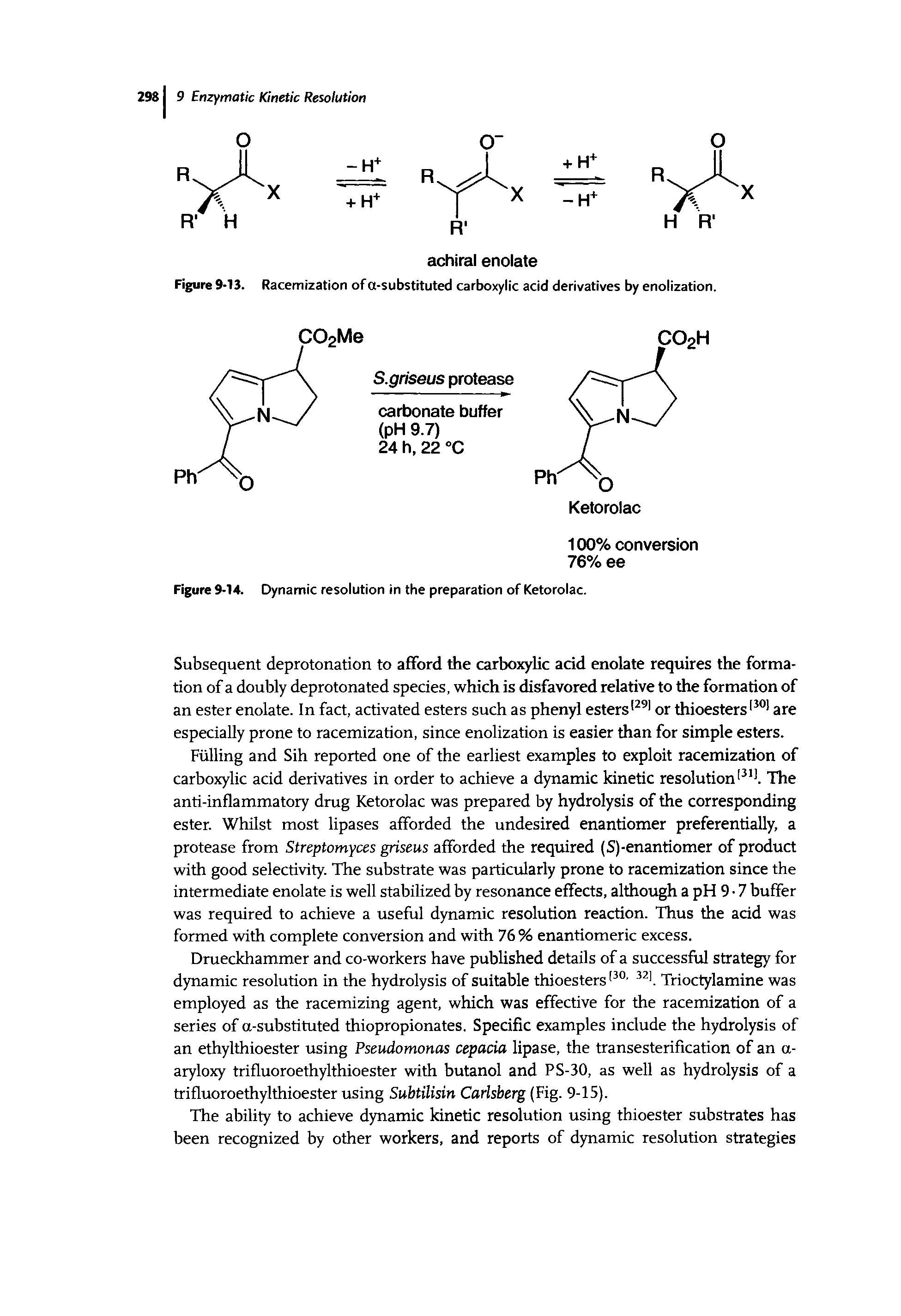 Figure 9-13. Racemization of o-substituted carboxylic acid derivatives by enolization.