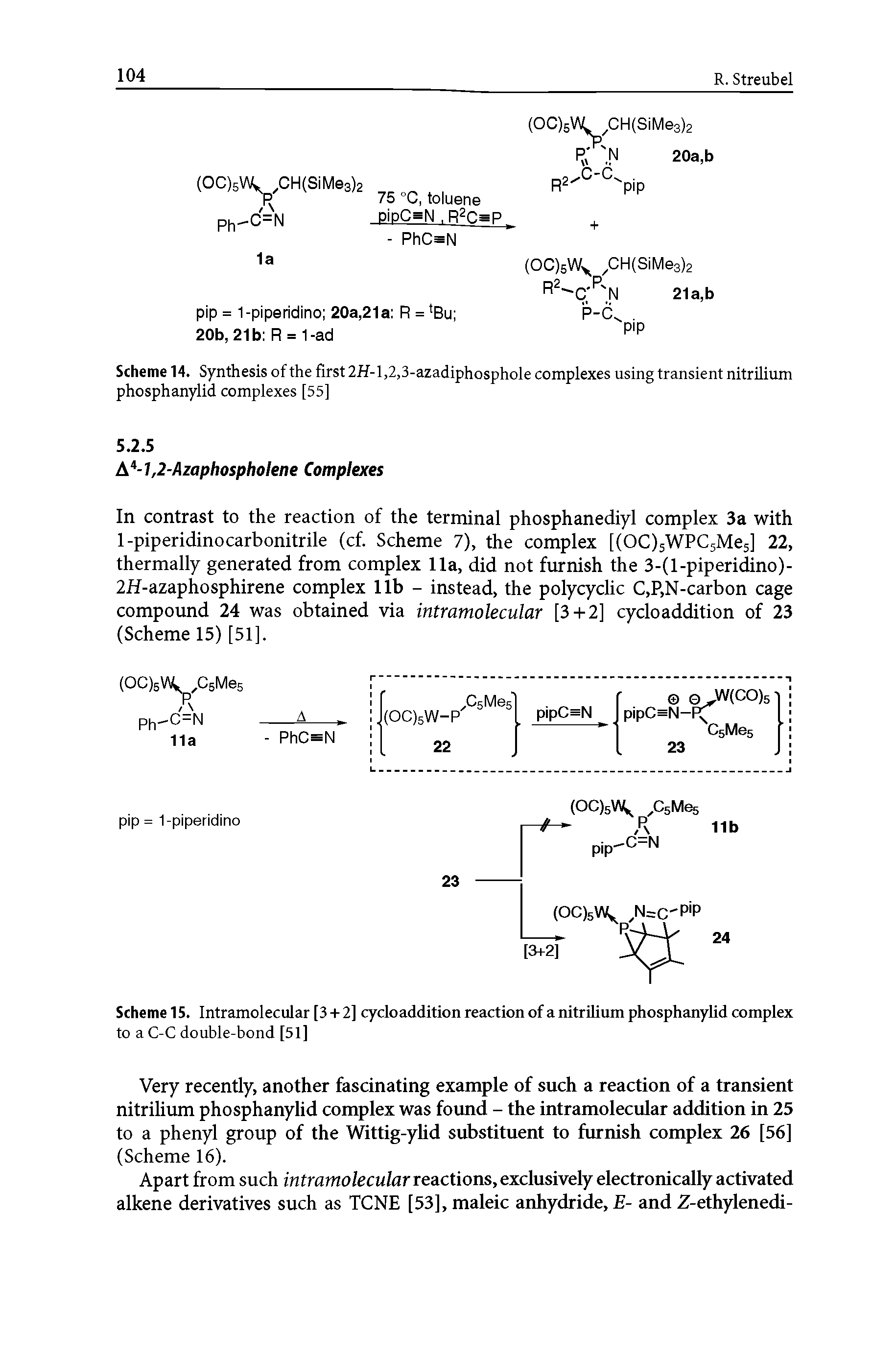 Scheme 14. Synthesis of the first 2H-l,2,3-azadiphosphole complexes using transient nitrilium phosphanylid complexes [55]...