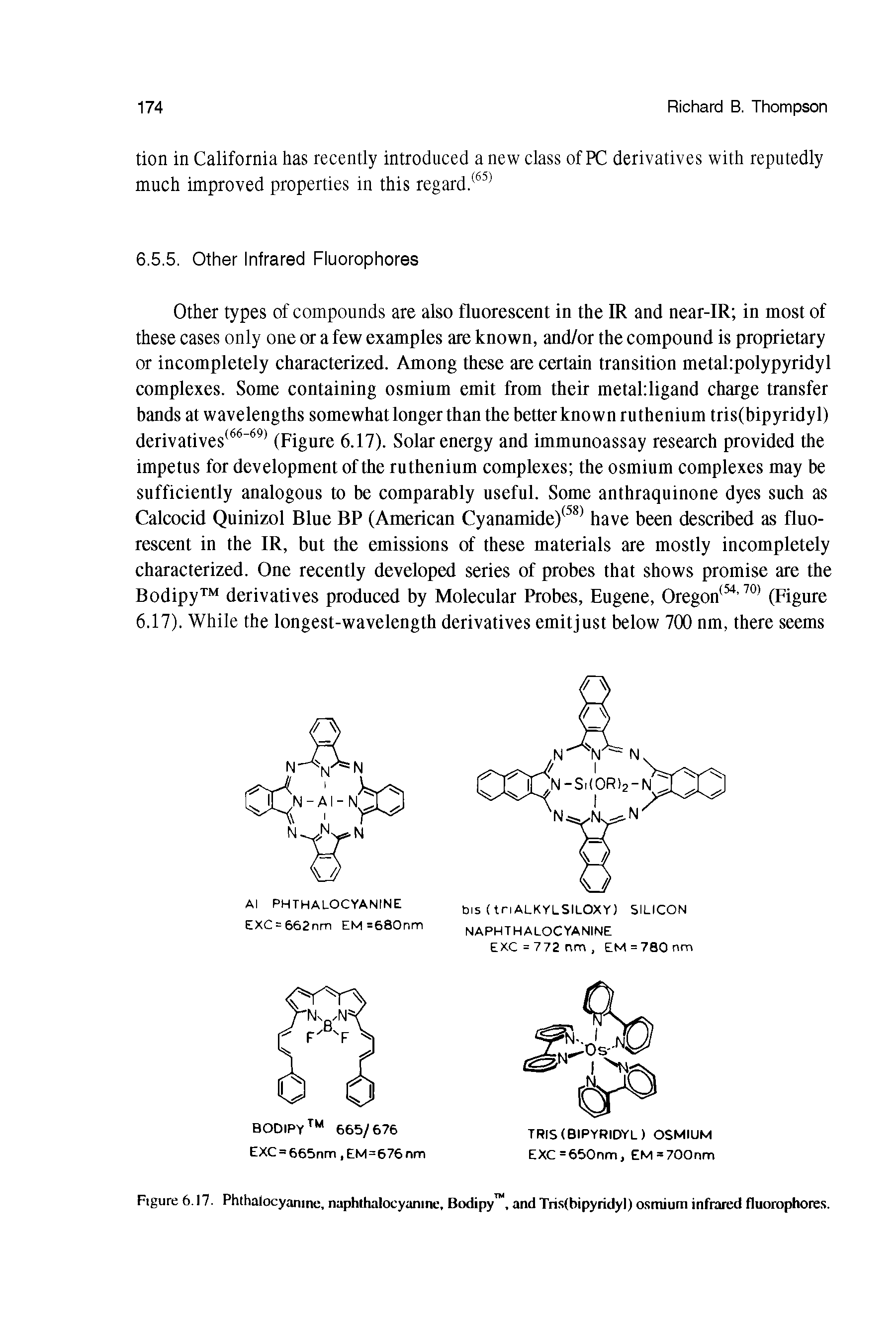 Figure 6.17. Phthalocyanine, naphrhalocyanine, Bodipy , and Tris(bipyridyl) osmium infrared fluorophores.