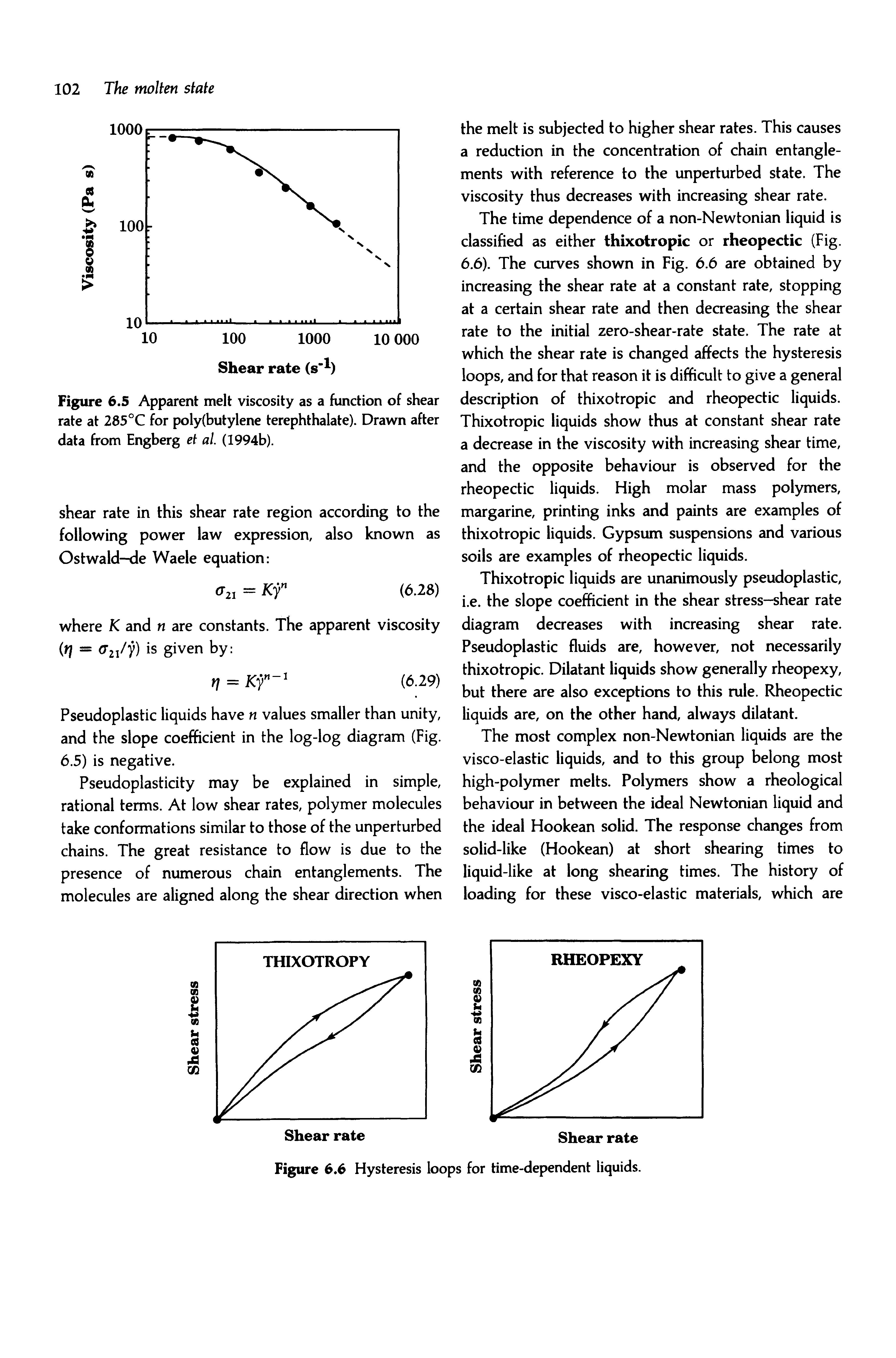 Figure 6.5 Apparent melt viscosity as a function of shear rate at 285°C for poly(butylene terephthalate). Drawn after data from Engberg et al (1994b).