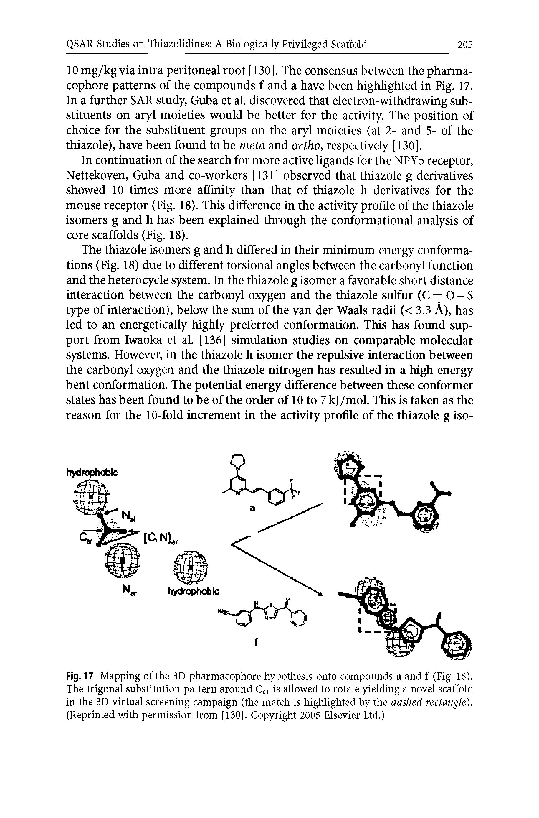 Fig. 17 Mapping of the 3D pharmacophore hypothesis onto compounds a and f (Fig. 16). The trigonal substitution pattern around Car is allowed to rotate yielding a novel scaffold in the 3D virtual screening campaign (the match is highlighted by the dashed rectangle). (Reprinted with permission from [130]. Copyright 2005 Elsevier Ltd.)...