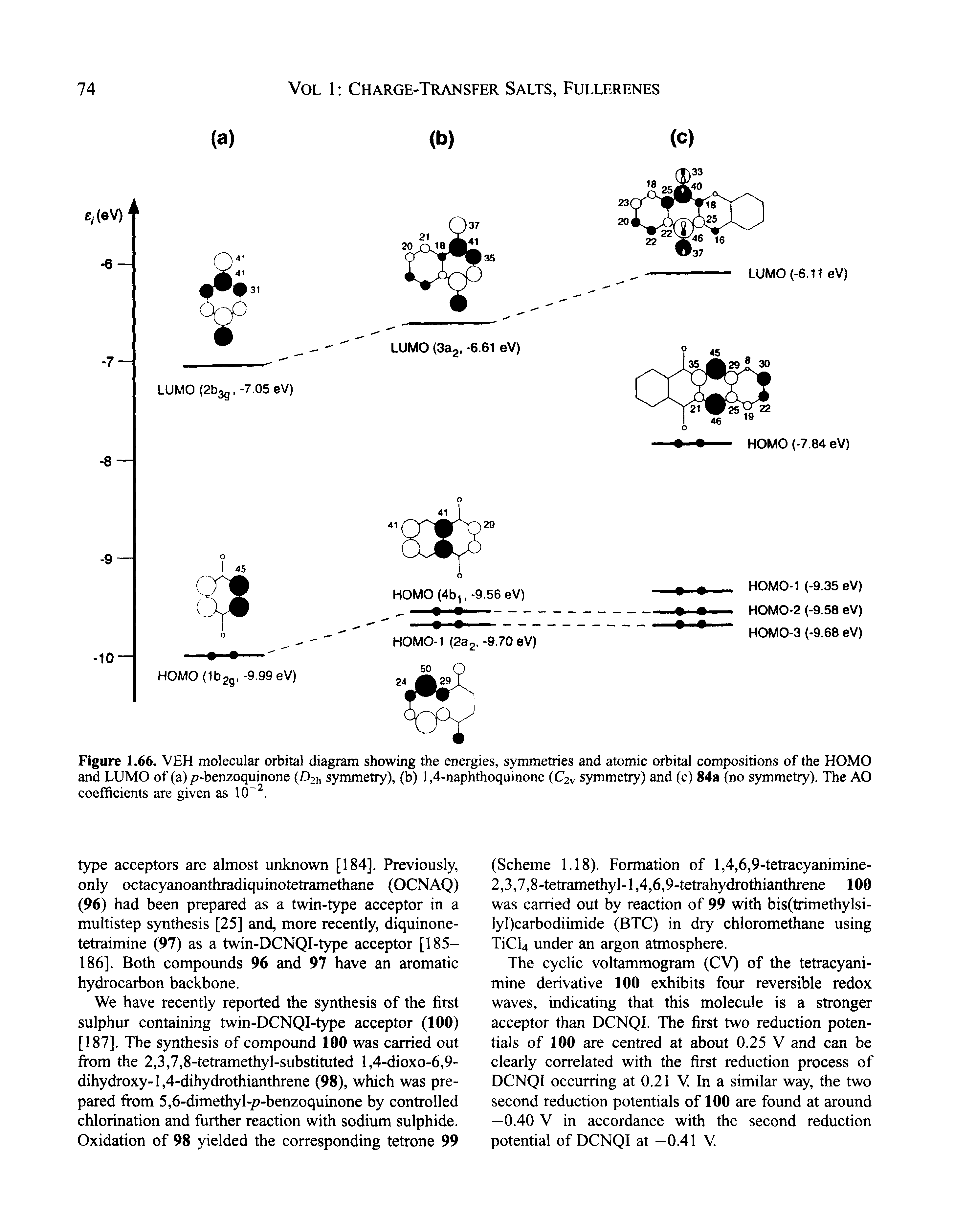 Figure 1.66. VEH molecular orbital diagram showing the energies, symmetries and atomic orbital compositions of the HOMO and LUMO of (a) / -benzoquinone (D2h symmetry), (b) 1,4-naphthoquinone (C2v symmetry) and (c) 84a (no symmetry). The AO coefficients are given as 1(). ...