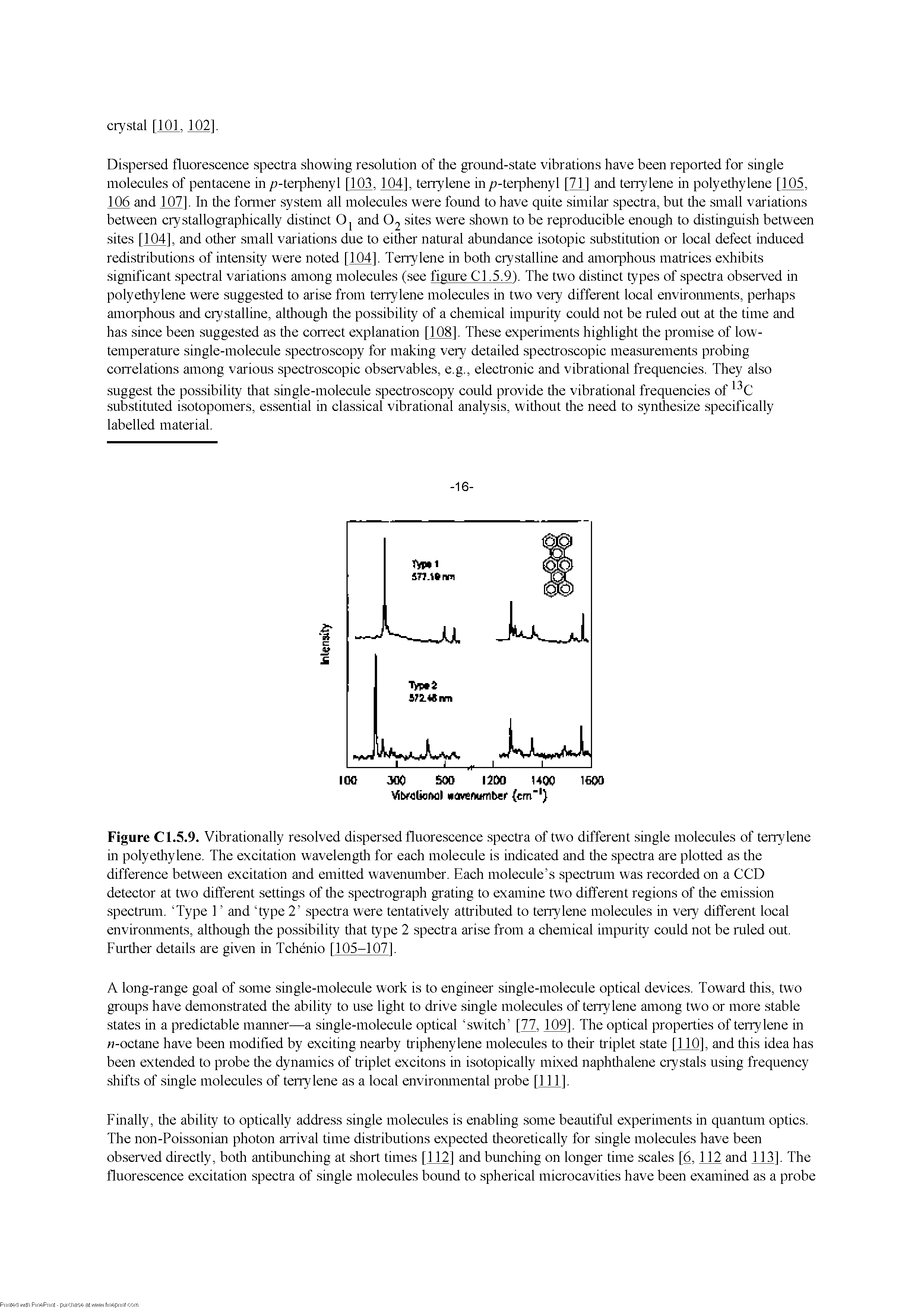 Figure Cl.5.9. Vibrationally resolved dispersed fluorescence spectra of two different single molecules of terrylene in polyetliylene. The excitation wavelengtli for each molecule is indicated and tlie spectra are plotted as the difference between excitation and emitted wavenumber. Each molecule s spectmm was recorded on a CCD detector at two different settings of tire spectrograph grating to examine two different regions of tlie emission spectmm. Type 1 and type 2 spectra were tentatively attributed to terrylene molecules in very different local environments, although tlie possibility tliat type 2 spectra arise from a chemical impurity could not be mled out. Furtlier details are given in Tchenio [105-1071.