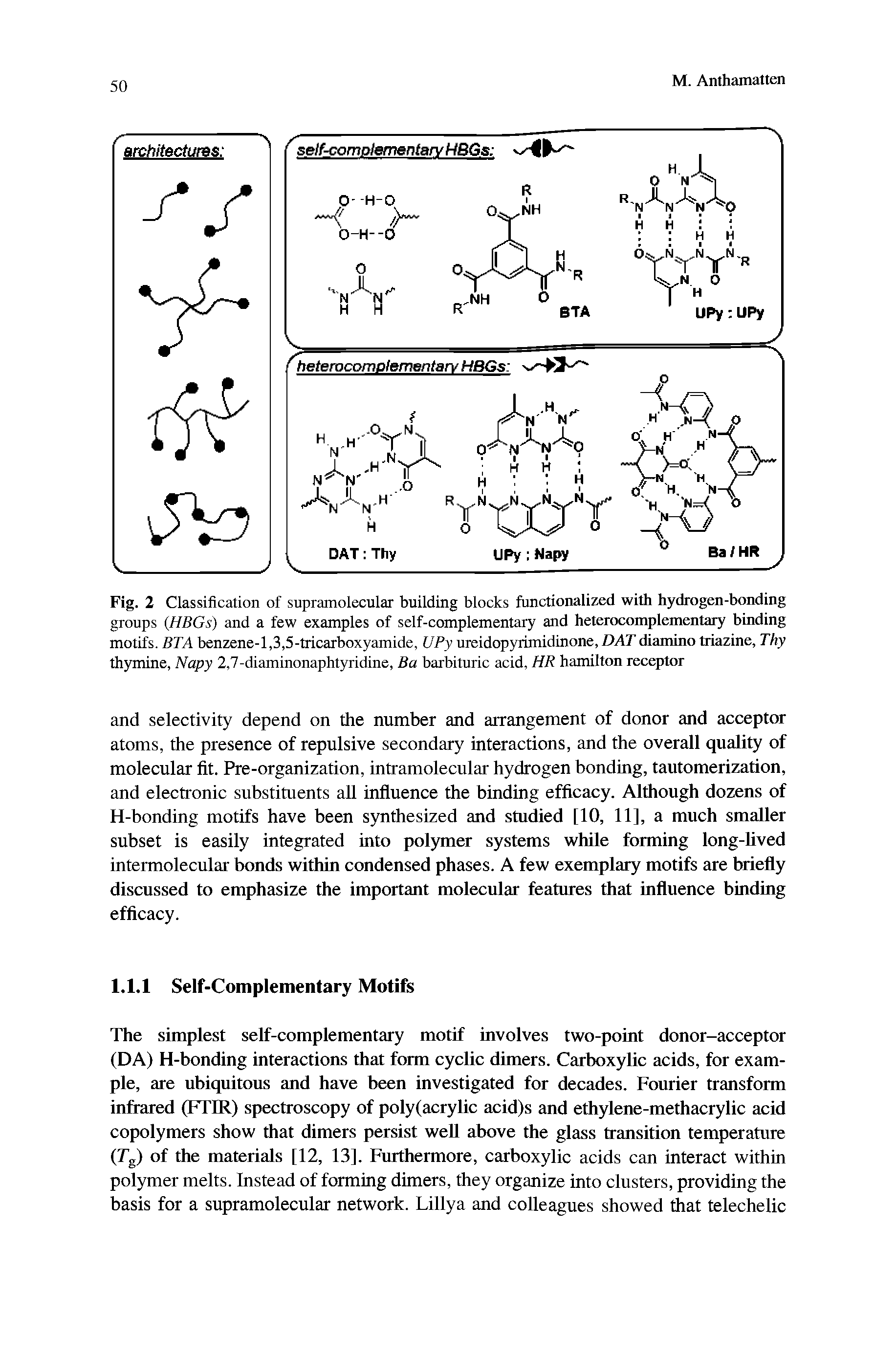 Fig. 2 Classification of supramolecular building blocks functionalized with hydrogen-bonding groups (HBGs) and a few examples of self-complementary and heterocomplementary binding motifs. BTA benzene-1,3,5-tricarboxyamide, UPy ureidopyrimidinone, DATdiamino triazine. Thy thymine, Napy 2,7-diaminonaphtyriine, Ba barbituric acid, HR hamilton receptor...