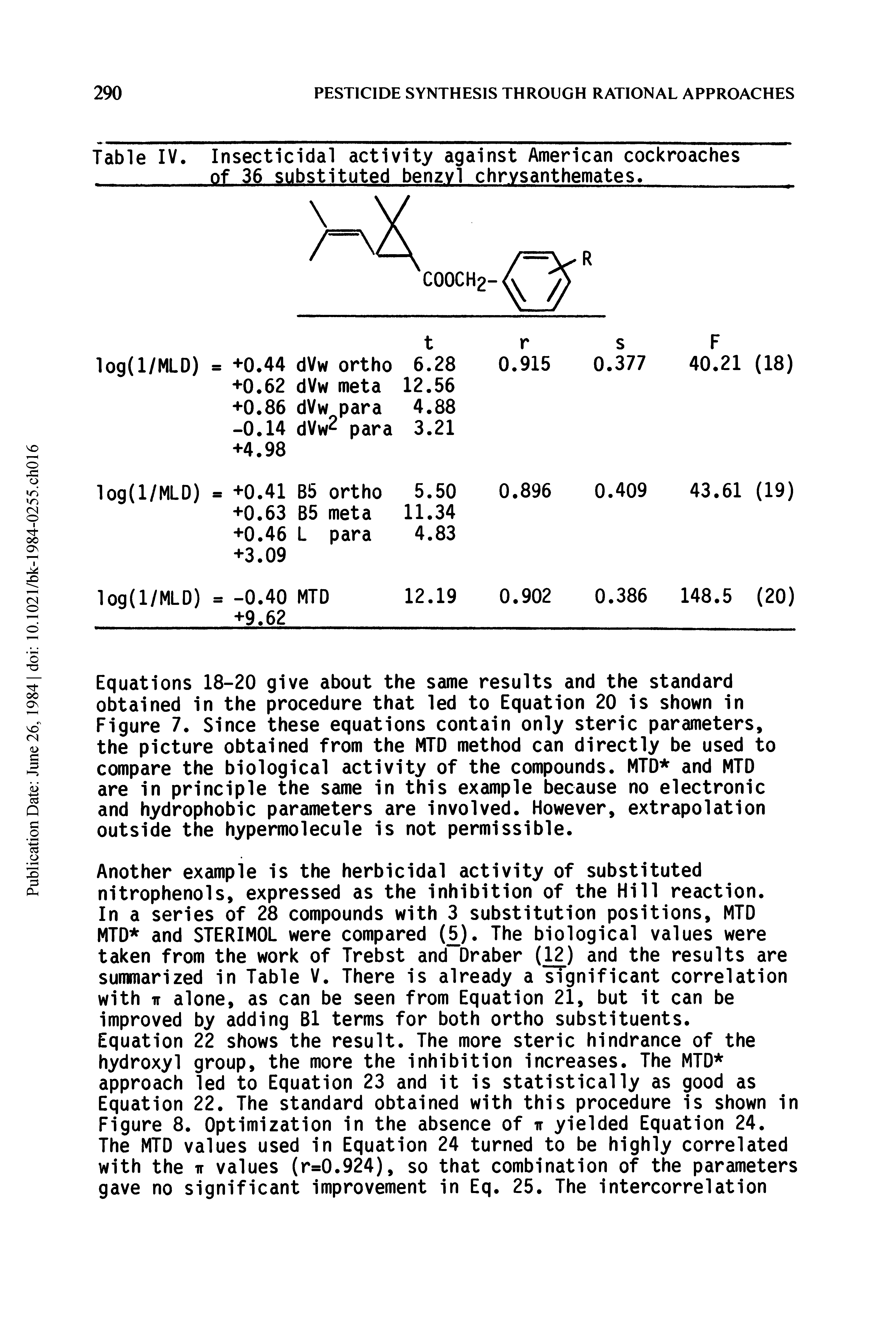 Table IV. Insecticidal activity against American cockroaches of 36 substituted benzvl chrvsanthemates. ...