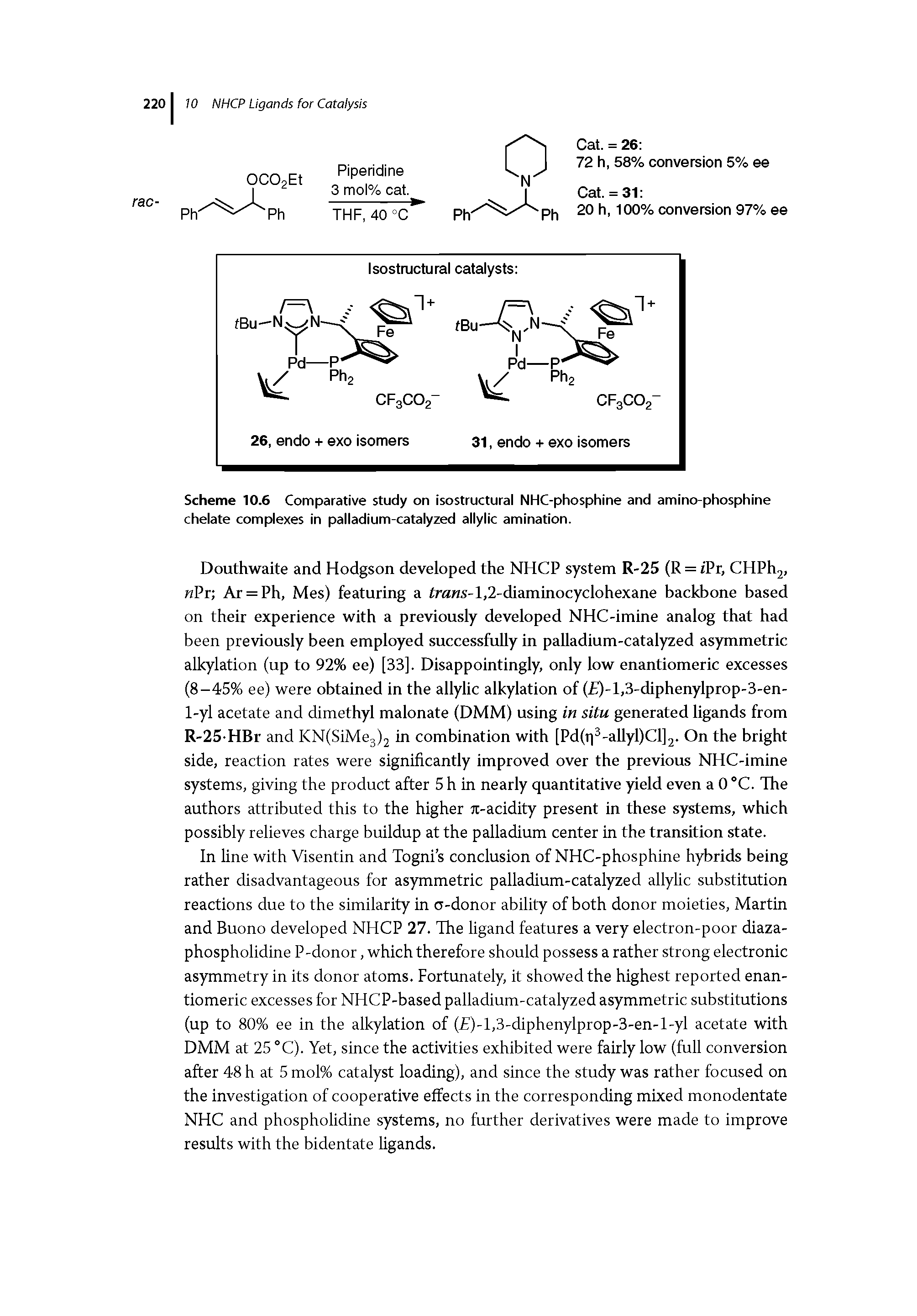 Scheme 10.6 Comparative study on isostructural NHC-phosphine and amino-phosphine chelate complexes in palladium-catalyzed allylic amination.