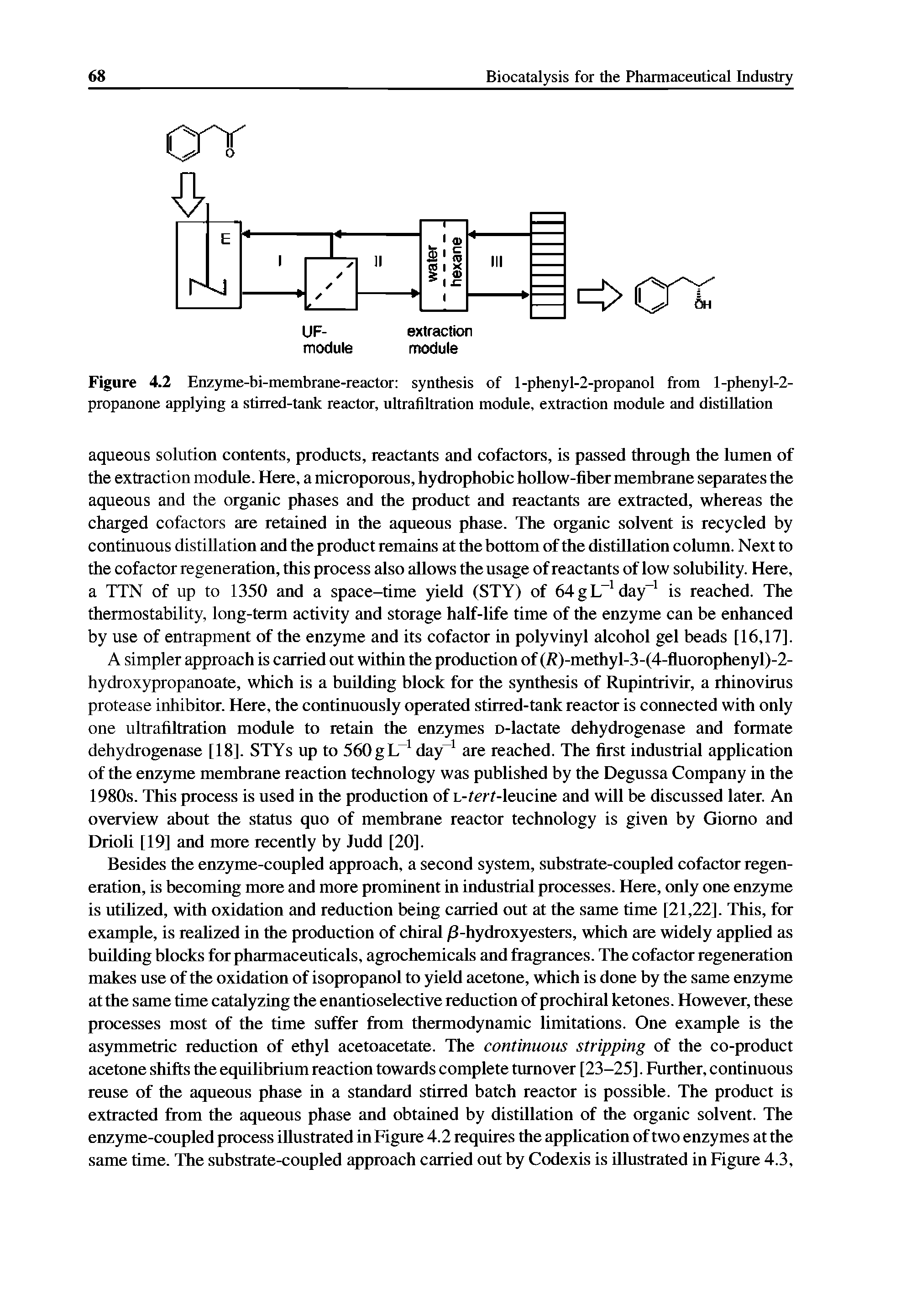 Figure 4.2 Enzyme-hi-membrane-reactor synthesis of 1-pheny 1-2-propanol from l-phenyl-2-propanone applying a stirred-tank reactor, ultrafiltration module, extraction module and distillation...