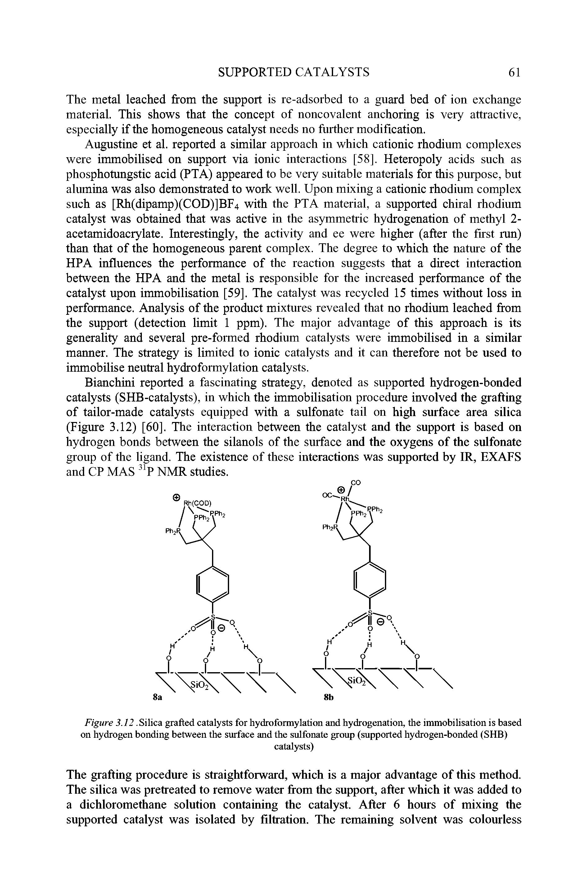 Figure 3.12. Silica grafted catalysts for hydroformylation and hydrogenation, the immobilisation is based on hydrogen bonding between the surface and the sulfonate group (supported hydrogen-bonded (SHB)...