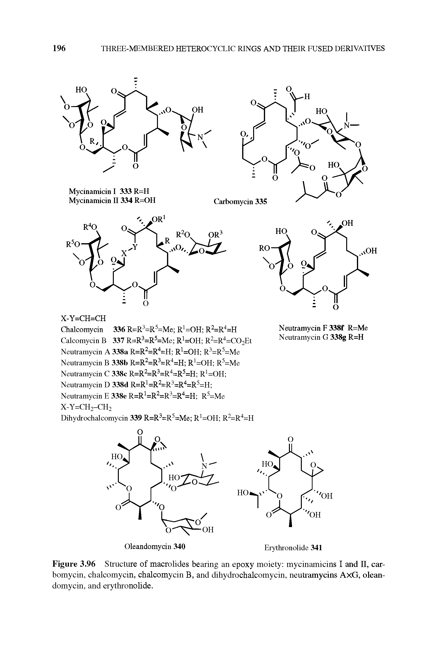 Figure 3.96 Structure of macrolides bearing an epoxy moiety mycinamicins I and n, carbomycin, chalcomycin, chalcomycin B, and dihydrochalcomycin, neutramycins AxG, oleandomycin, and erythronolide.