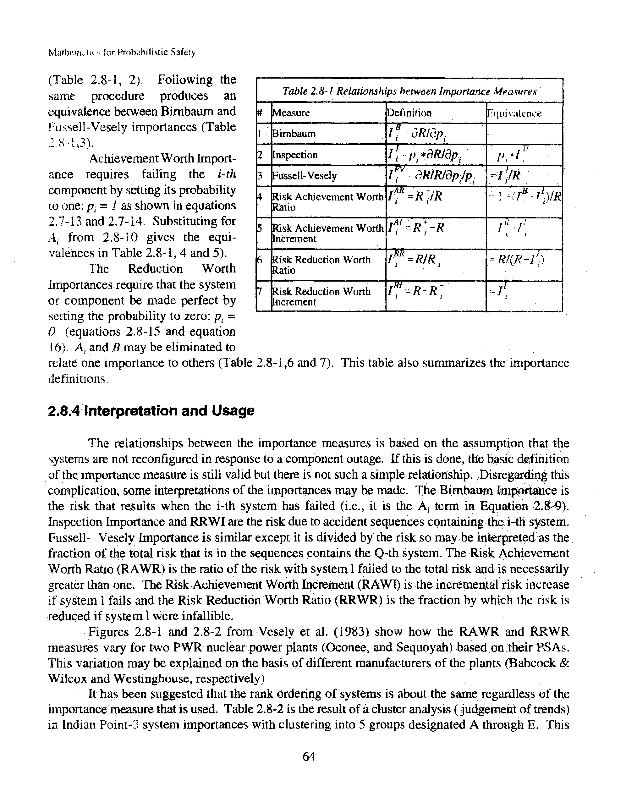 Figures 2.8-1 and 2.8-2 from Vesely et al. (1983) show how the RAWR and RRWR measures vary for two PWR nuclear power plants (Oconee, and Sequoyah) based on their PSAs. This variation may be explained on the basis of different manufacturers of the plants (Babcock Wilcox and Westinghouse, respectively)...