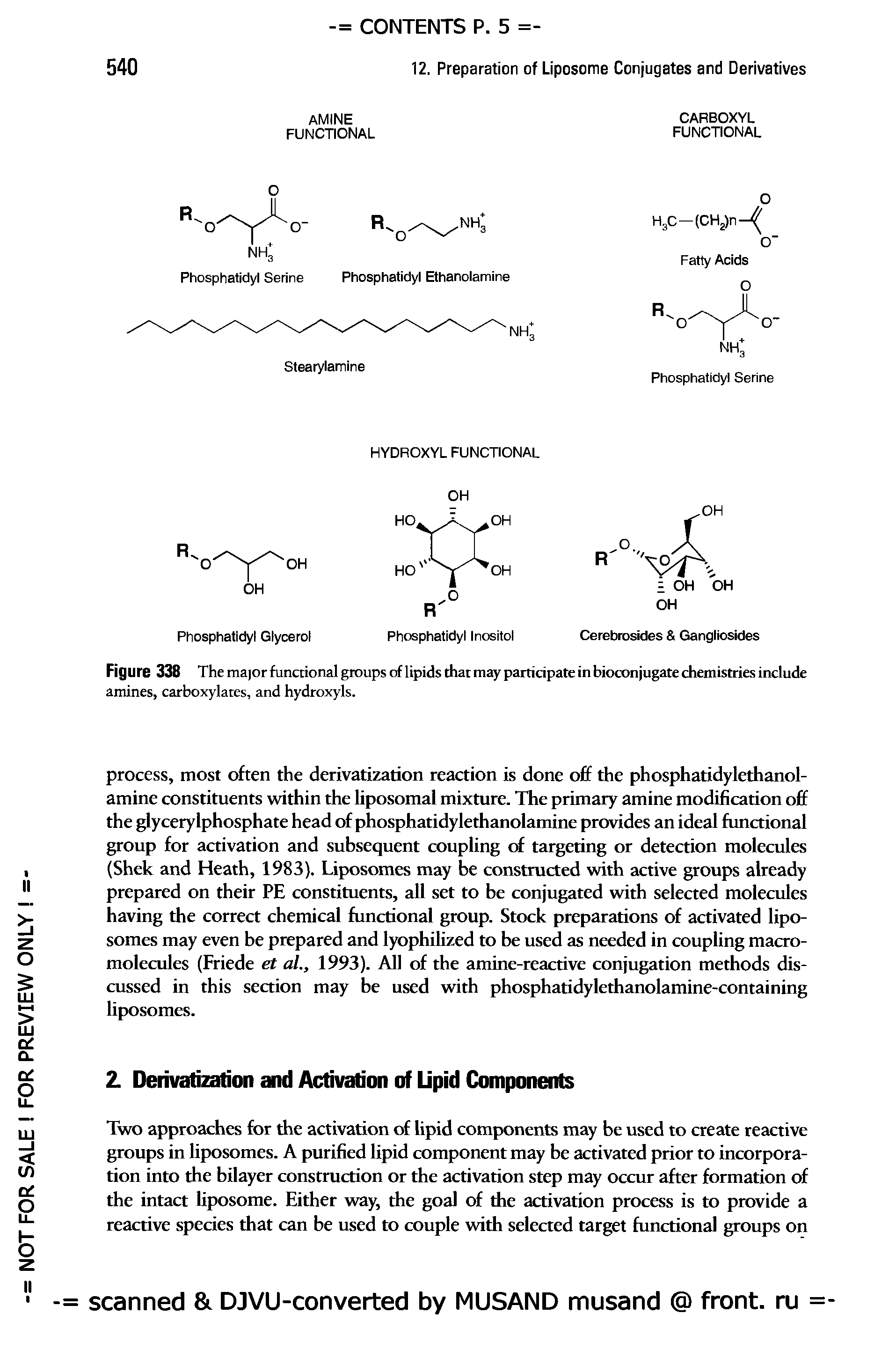 Figure 338 The major functional groups of lipids that may participate in bioconjugate chemistries include amines, carboxylates, and hydroxyls.