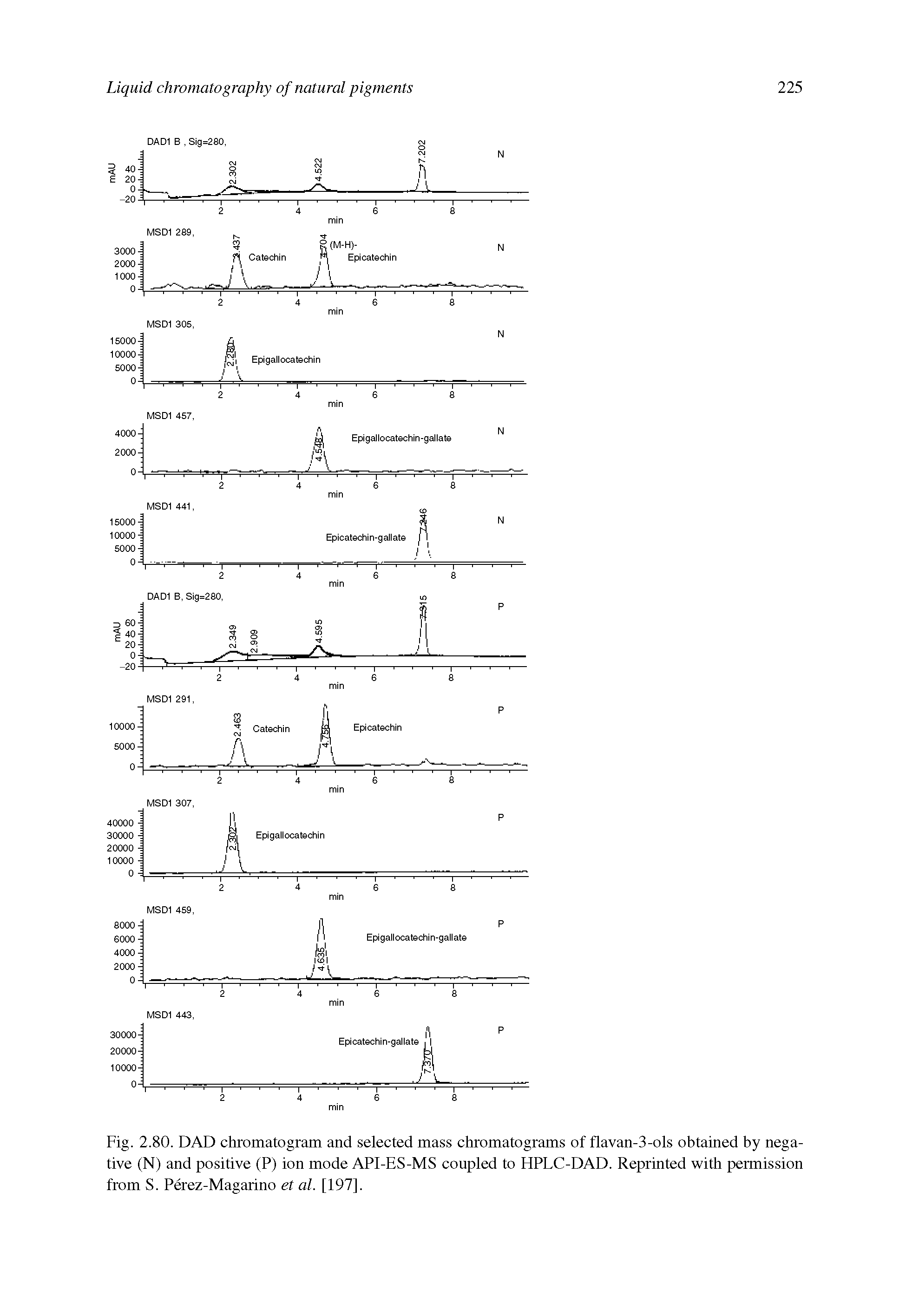 Fig. 2.80. DAD chromatogram and selected mass chromatograms of flavan-3-ols obtained by negative (N) and positive (P) ion mode API-ES-MS coupled to HPLC-DAD. Reprinted with permission from S. Perez-Magarino et al. [197].