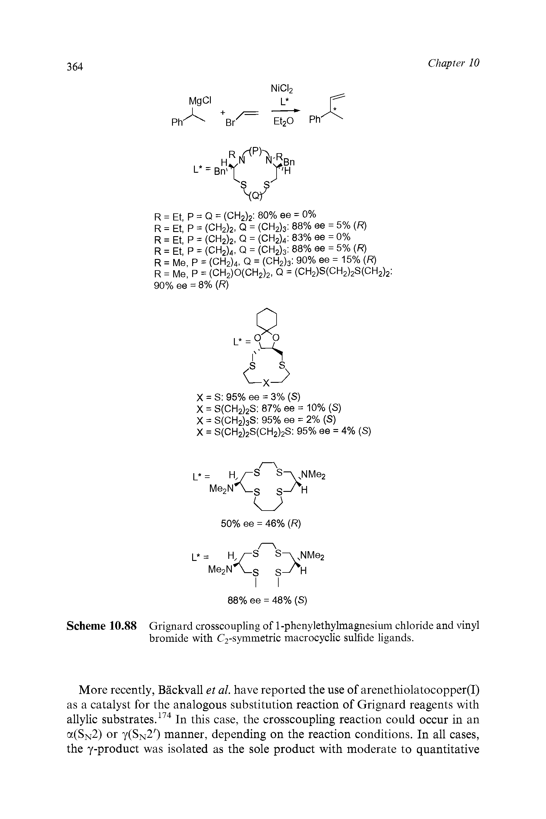 Scheme 10.88 Grignard crosscoupling of 1-phenylethylmagnesium chloride and vinyl bromide with C2-symmetric macrocyclic sulfide ligands.