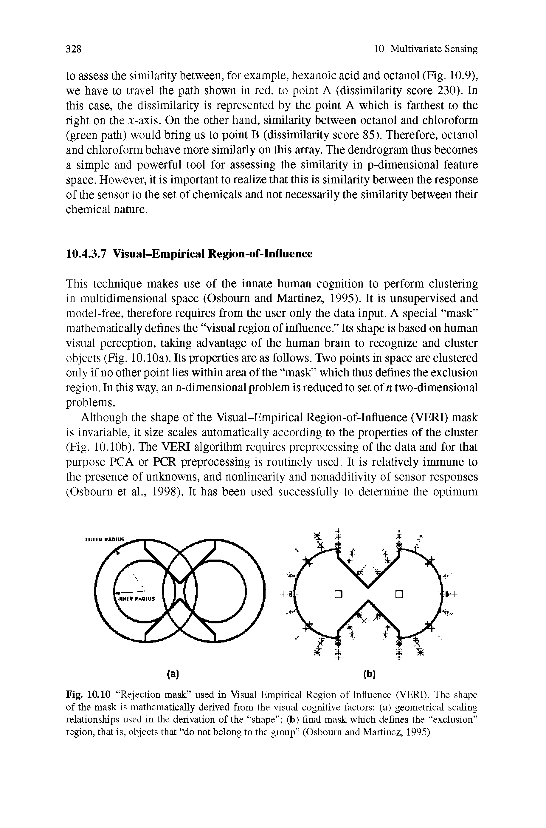 Fig. 10.10 Rejection mask used in Visual Empirical Region of Influence (VERI). The shape of the mask is mathematically derived from the visual cognitive factors (a) geometrical scaling relationships used in the derivation of the shape (b) final mask which defines the exclusion region, that is, objects that do not belong to the group (Osbourn and Martinez, 1995)...