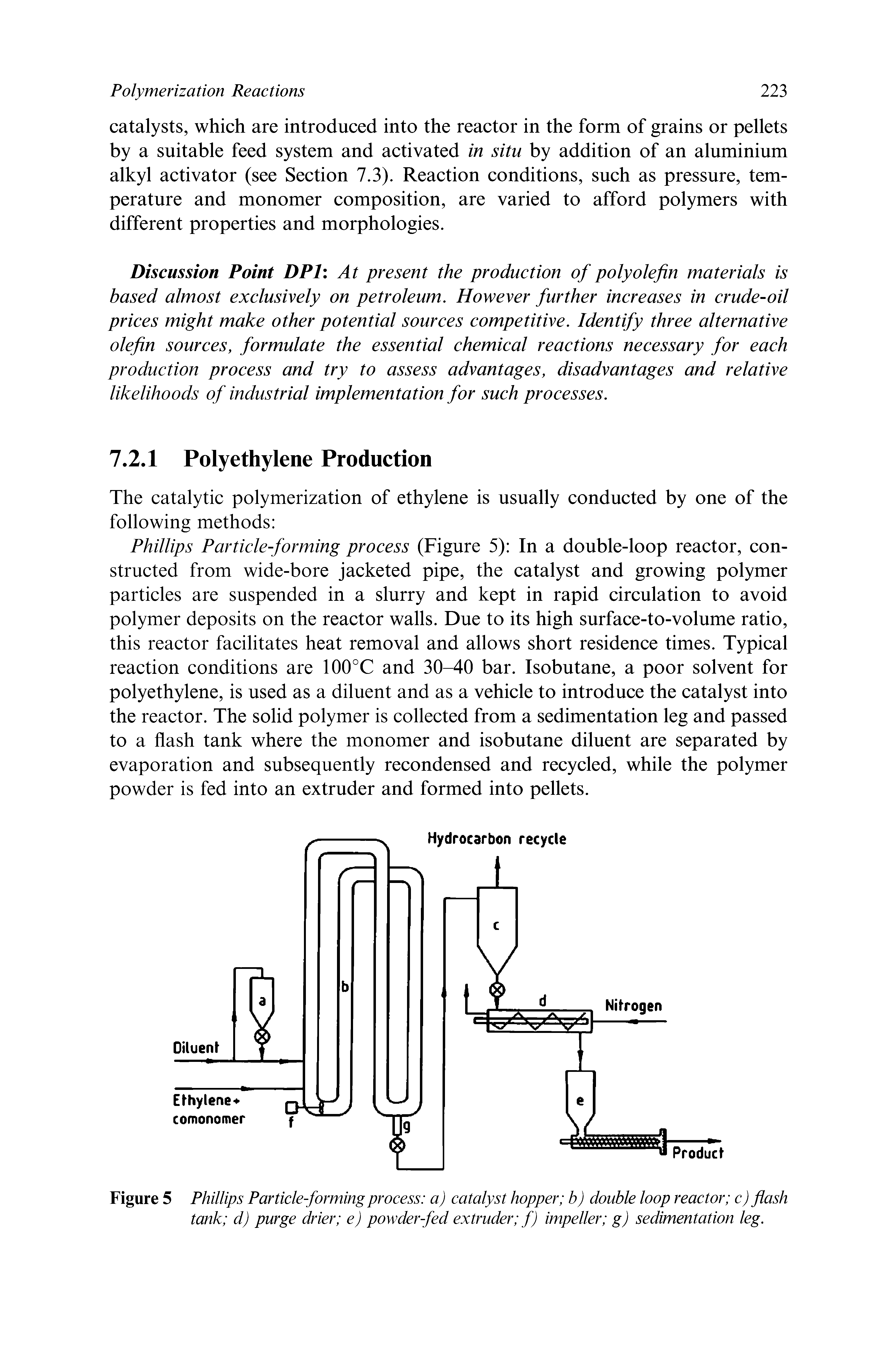 Figure 5 Phillips Particle-forming process a) catalyst hopper b) double loop reactor c) flash tank d) purge drier e) powder-fed extruder f) impeller g) sedimentation leg.