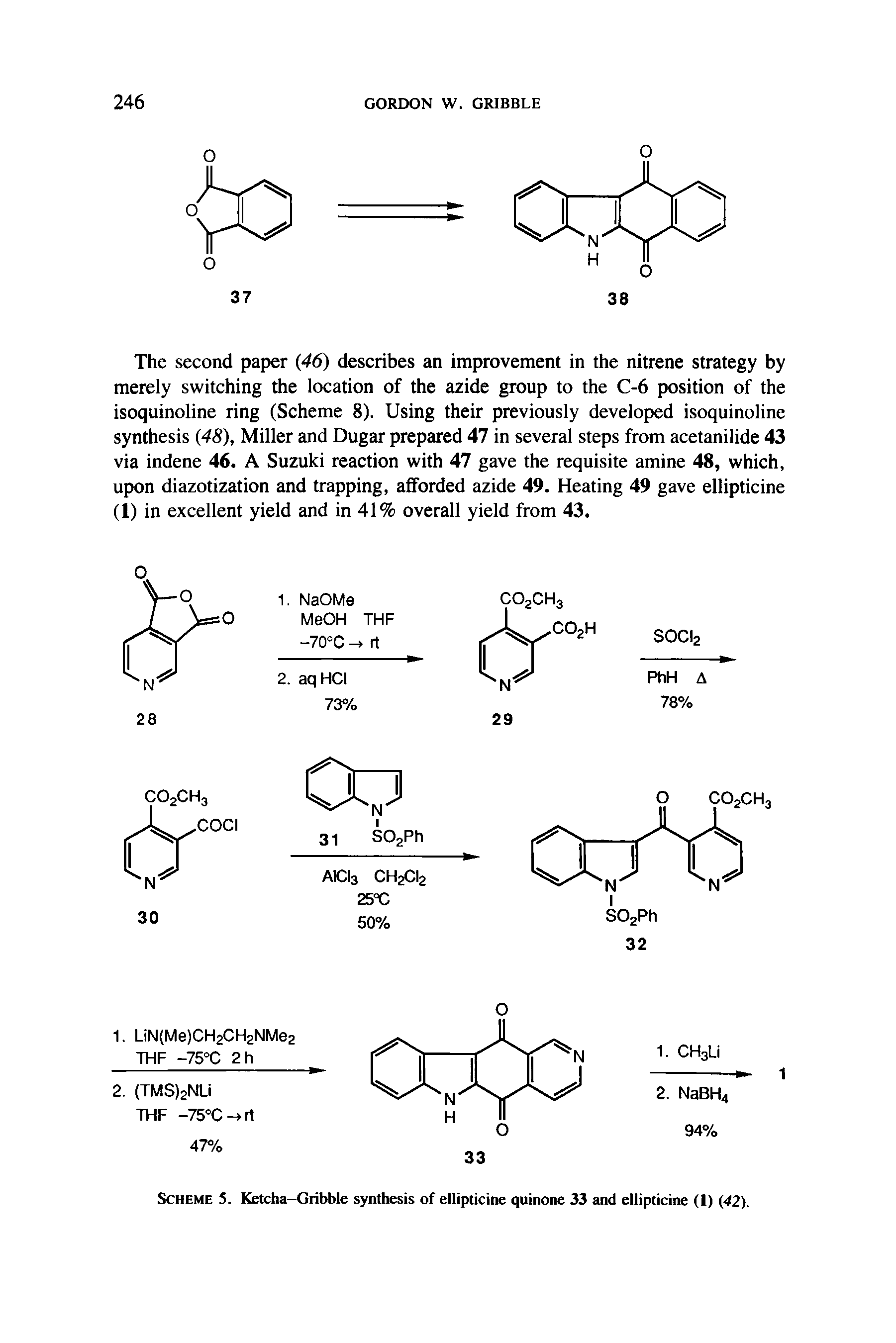Scheme 5. Ketcha-Gribble synthesis of ellipticine quinone 33 and ellipticine (I) (42).