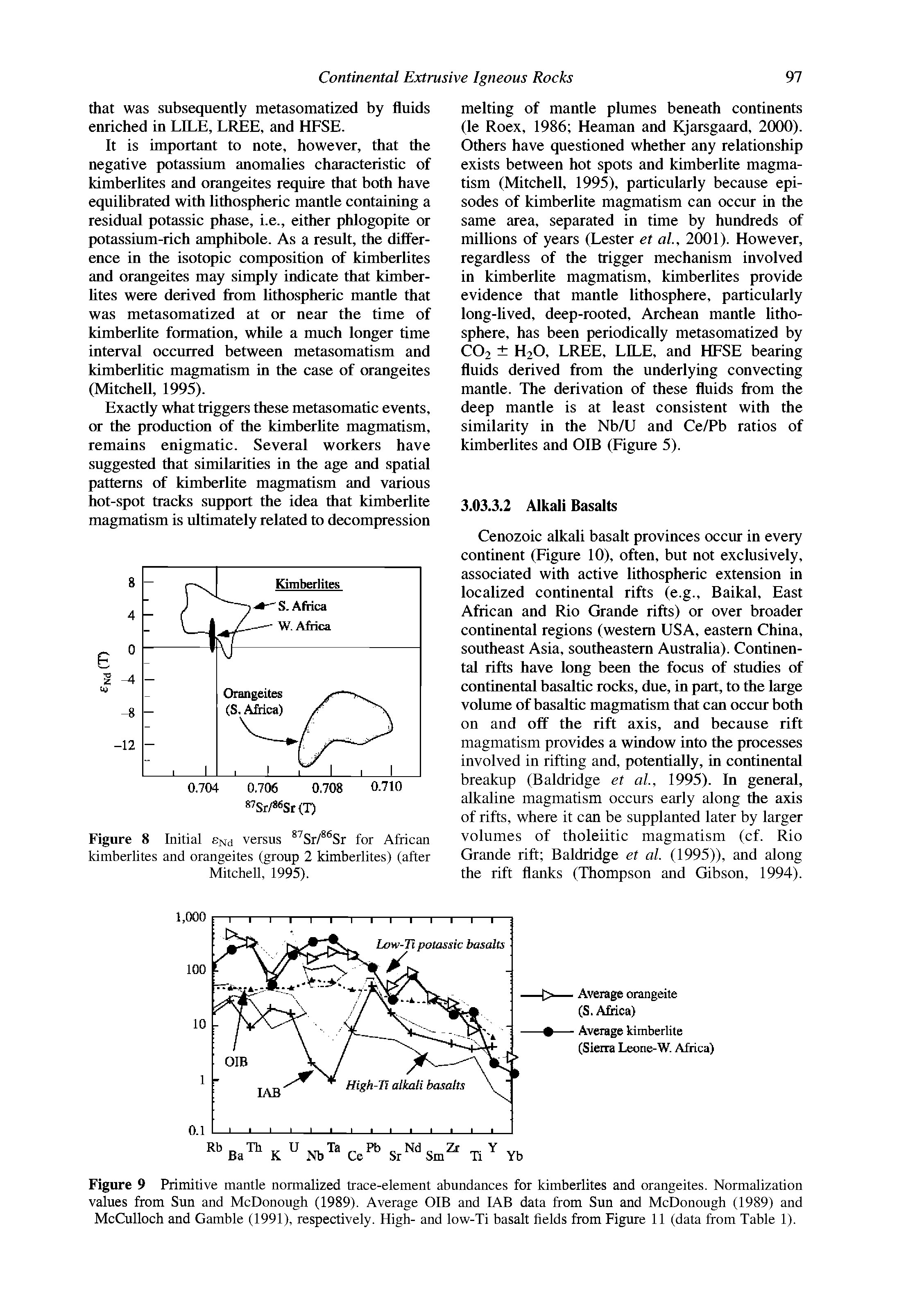 Figure 9 Primitive mantle normalized trace-element abundances for kimberlites and orangeites. Normalization values from Sun and McDonough (1989). Average OIB and lAB data from Sun and McDonough (1989) and McCulloch and Gamble (1991), respectively. High- and low-Ti basalt fields from Figure 11 (data from Table 1).