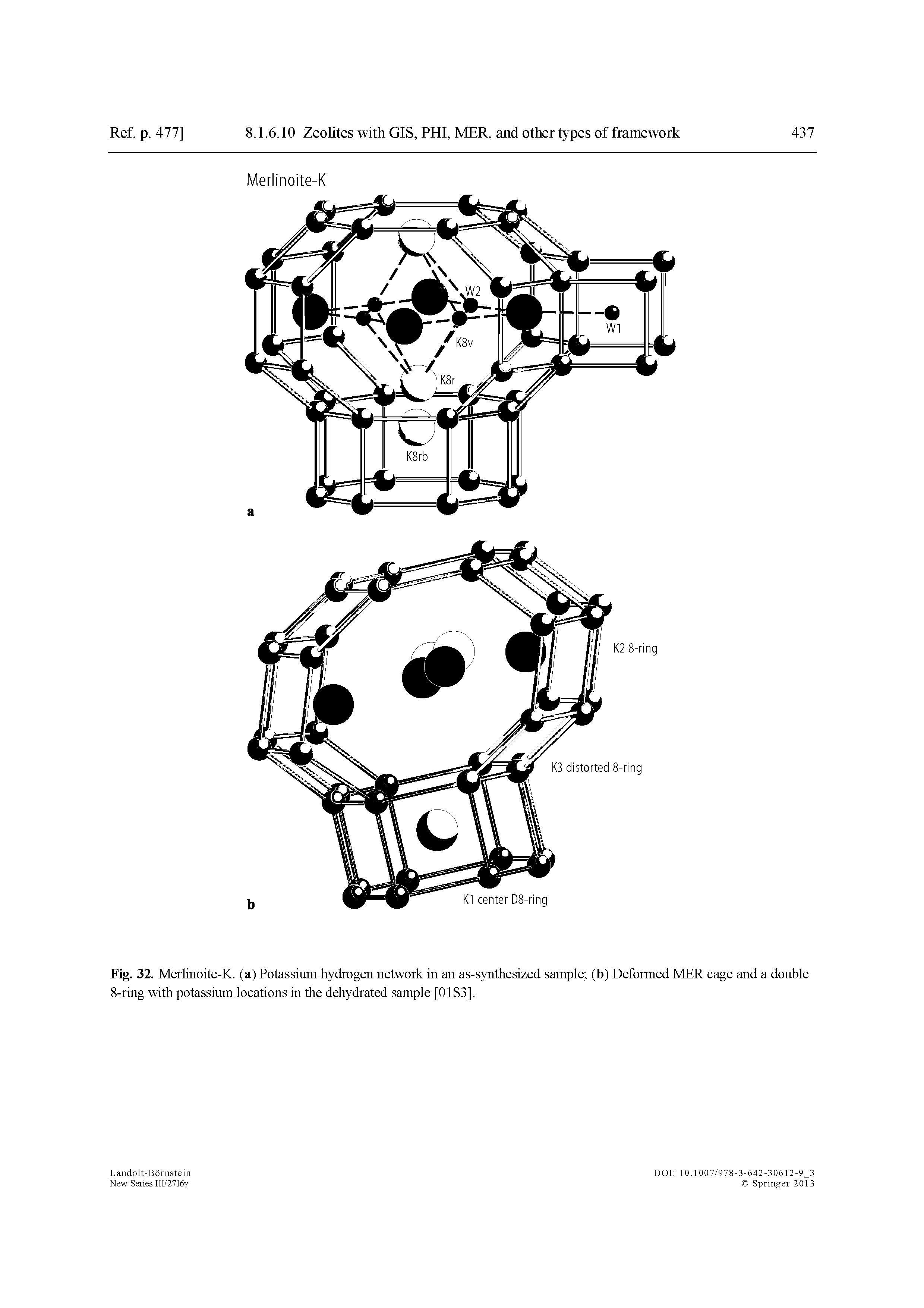 Fig. 32. Merlinoite-K. (a) Potassium hydrogen network in an as-synthesized sample (b) Deformed MER cage and a double 8-ring with potassium locations in the dehydrated sample [01 S3].