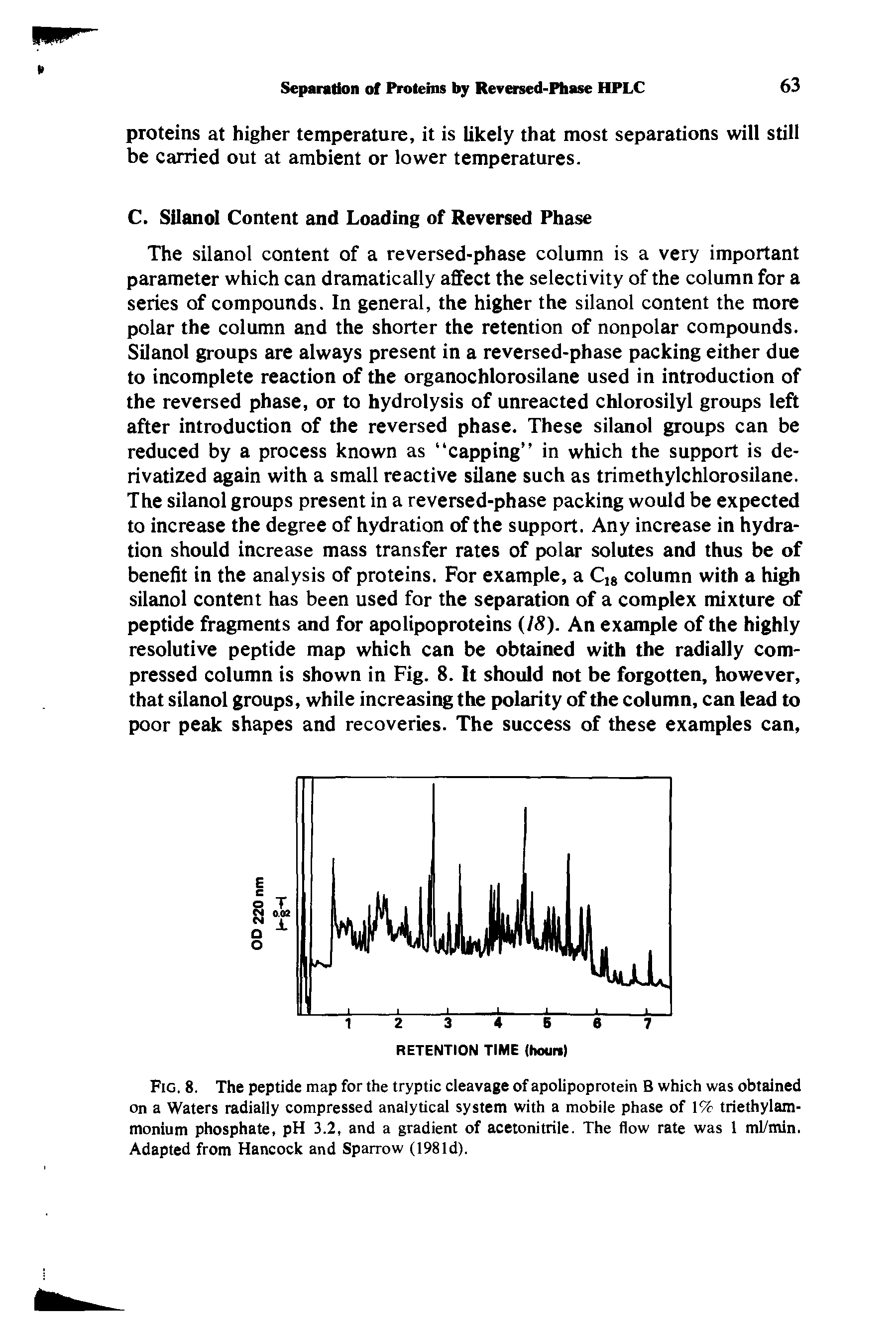 Fig. 8. The peptide map for the tryptic cleavage of apolipoprotein B which was obtained on a Waters radially compressed analytical system with a mobile phase of 1% triethylam-monium phosphate, pH 3.2, and a gradient of acetonitrile. The flow rate was 1 ml/min. Adapted from Hancock and Sparrow (1981d).