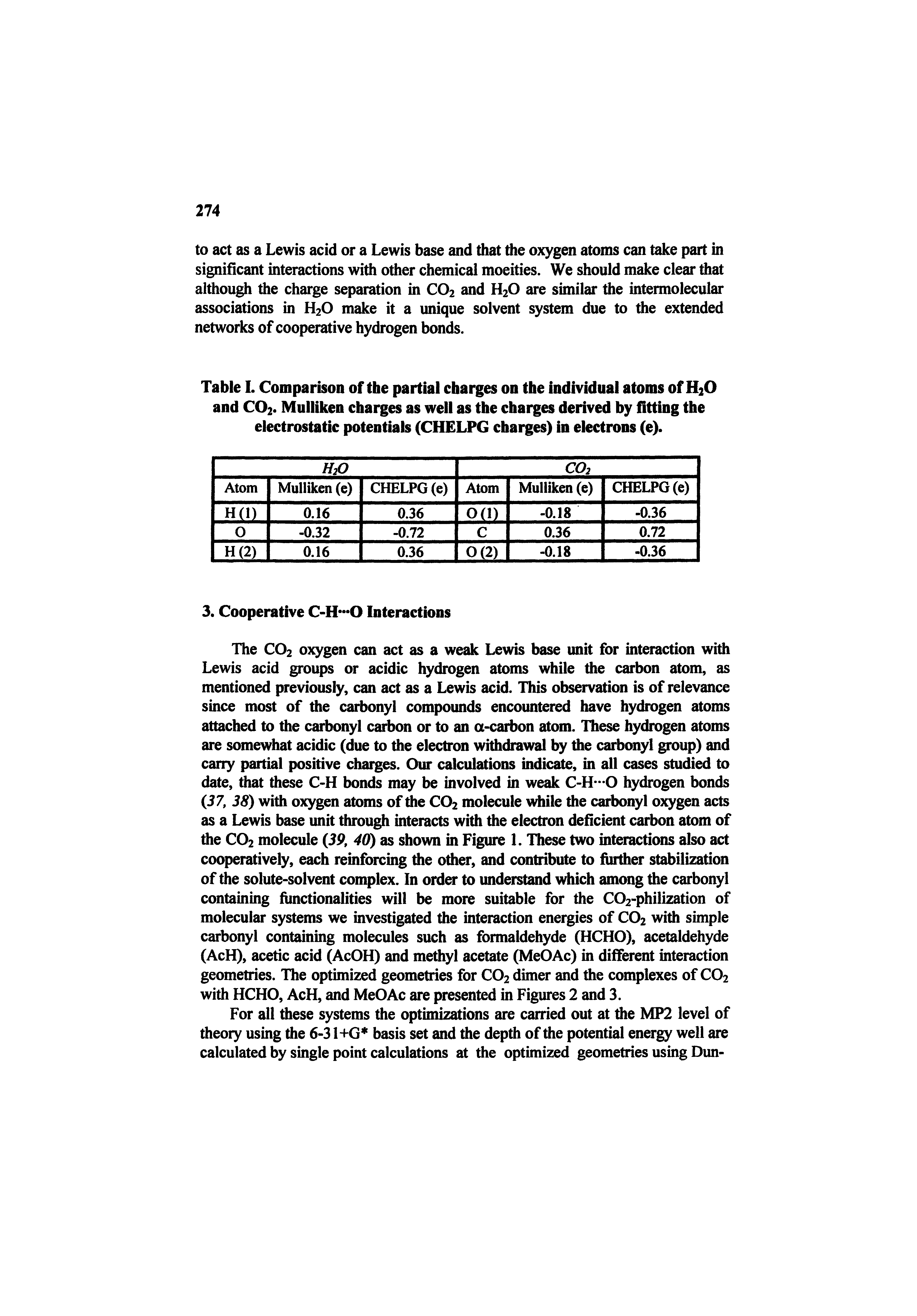 Table I. Comparison of the partial charges on the individual atoms of H2O and CO2. Mulliken charges as well as the charges derived by fitting the electrostatic potentials (CHELPG charges) in electrons (e).