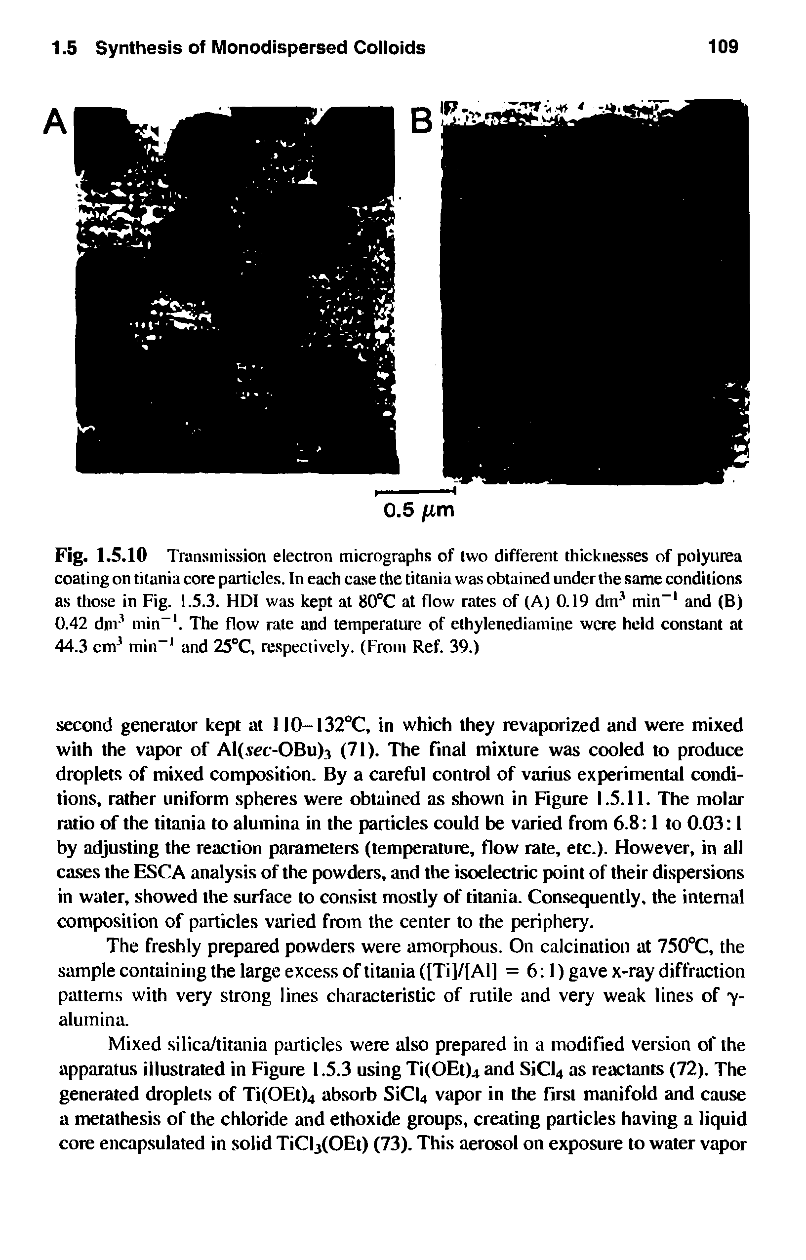 Fig. 1.5.10 Transmission electron micrographs of two different thicknesses of polyurea coating on titania core particles. In each case the titania was obtained under the same conditions as those in Fig. 1.5.3. HDI was kept at 80°C at flow rates of (A) 0.19 dm3 min-1 and (B) 0.42 dur1 min-1. The flow rate and temperature of ethylenediamine were held constant at 44.3 cmJ min-1 and 25°C, respectively. (From Ref. 39.)...