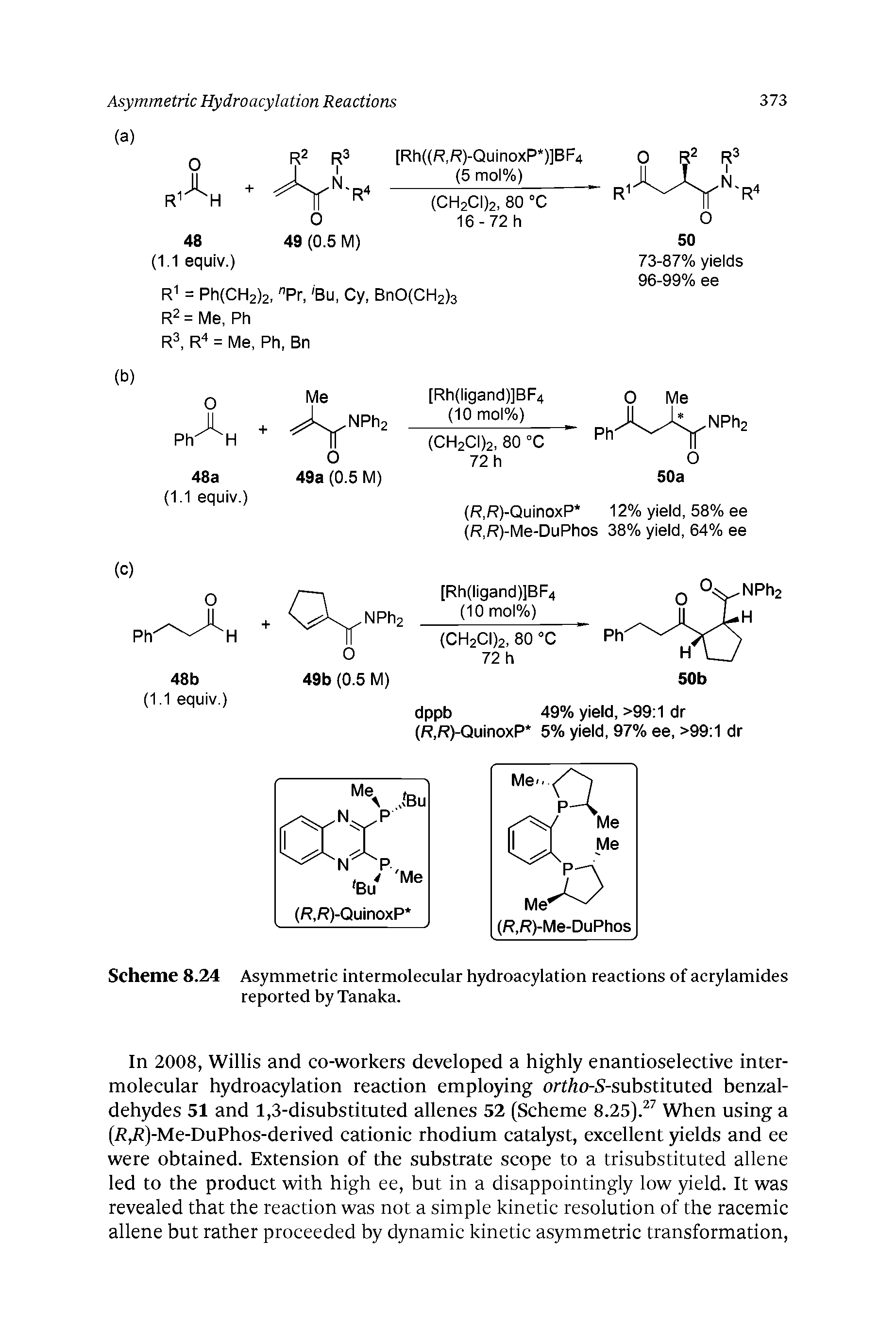 Scheme 8.24 Asymmetric intermolecular hydroacylation reactions of acrylamides reported by Tanaka.