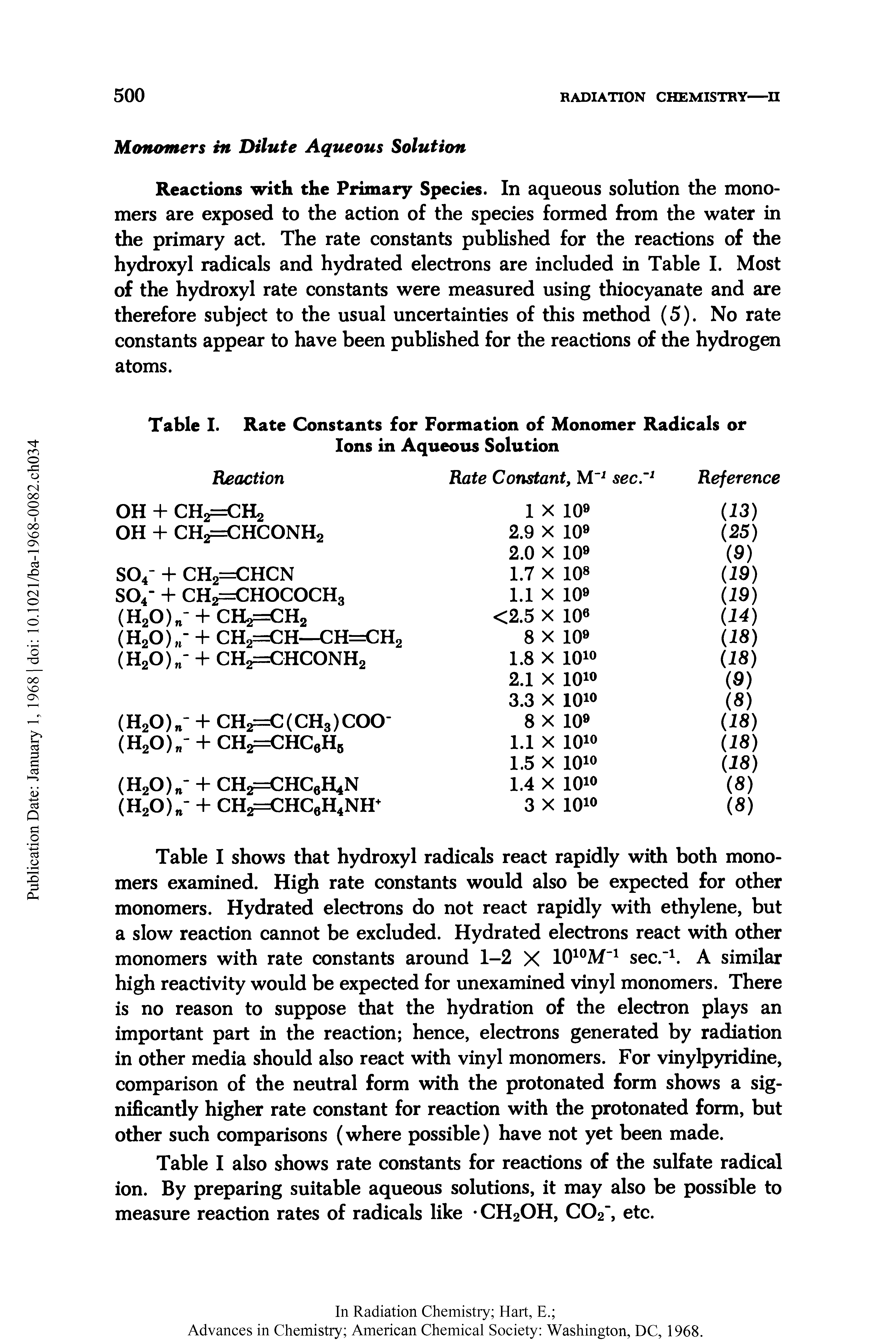 Table I shows that hydroxyl radicals react rapidly with both monomers examined. High rate constants would also be expected for other monomers. Hydrated electrons do not react rapidly with ethylene, but a slow reaction cannot be excluded. Hydrated electrons react with other monomers with rate constants around 1-2 X 1010M-1 sec."1. A similar high reactivity would be expected for unexamined vinyl monomers. There is no reason to suppose that the hydration of the electron plays an important part in the reaction hence, electrons generated by radiation in other media should also react with vinyl monomers. For vinylpyridine, comparison of the neutral form with the protonated form shows a significantly higher rate constant for reaction with the protonated form, but other such comparisons (where possible) have not yet been made.