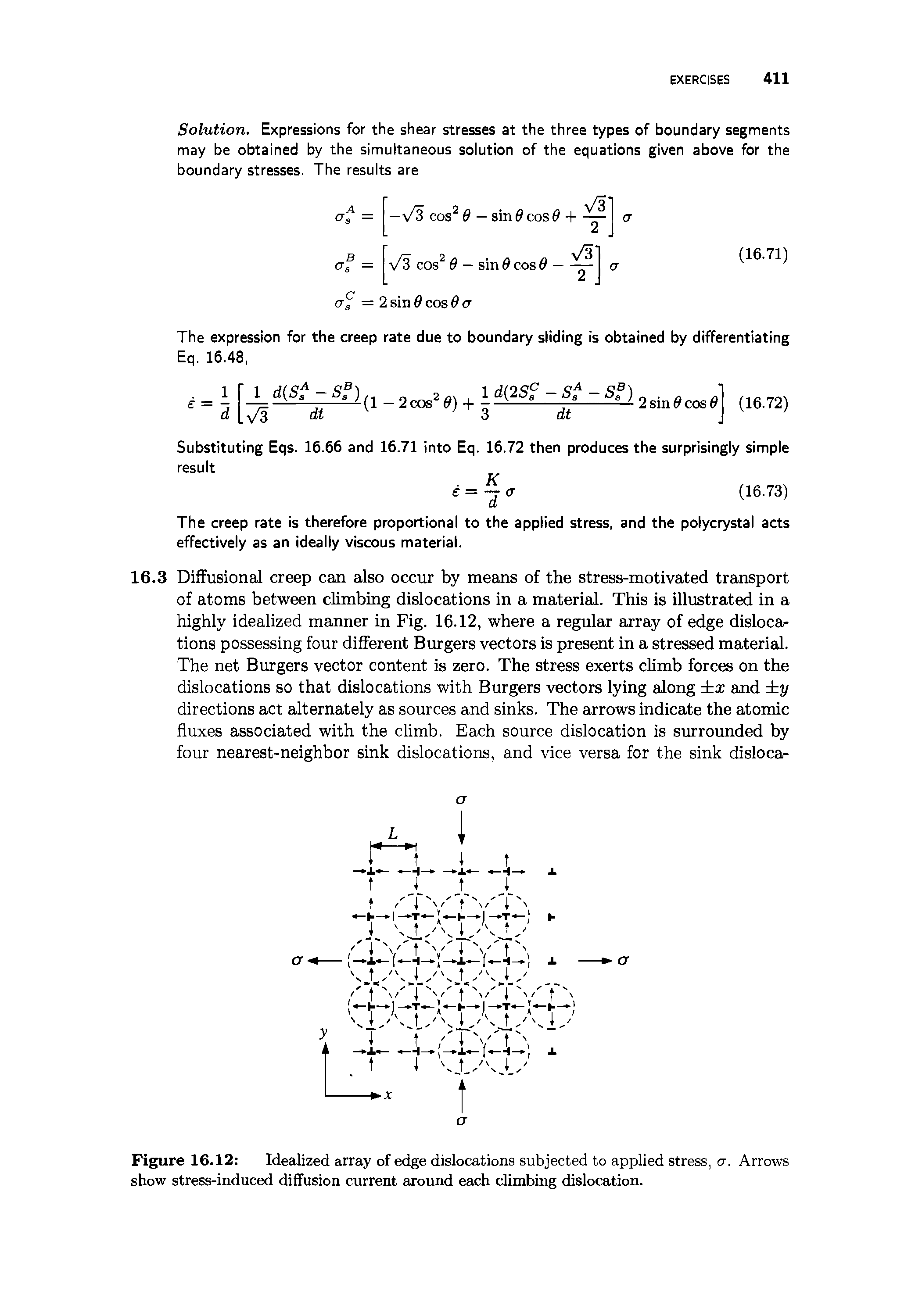 Figure 16.12 Idealized array of edge dislocations subjected to applied stress, a. Arrows show stress-induced diffusion current around each climbing dislocation.