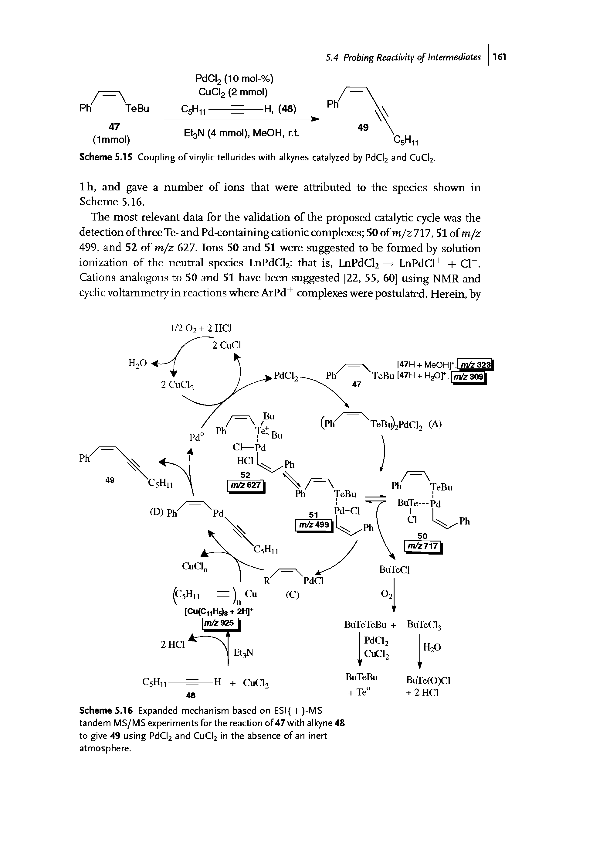Scheme 5.16 Expanded mechanism based on ESI( + )-MS tandem MS/MS experiments for the reaction of 47 with alkyne48 to give 49 using PdCl2 and CUCI2 in the absence of an inert atmosphere.