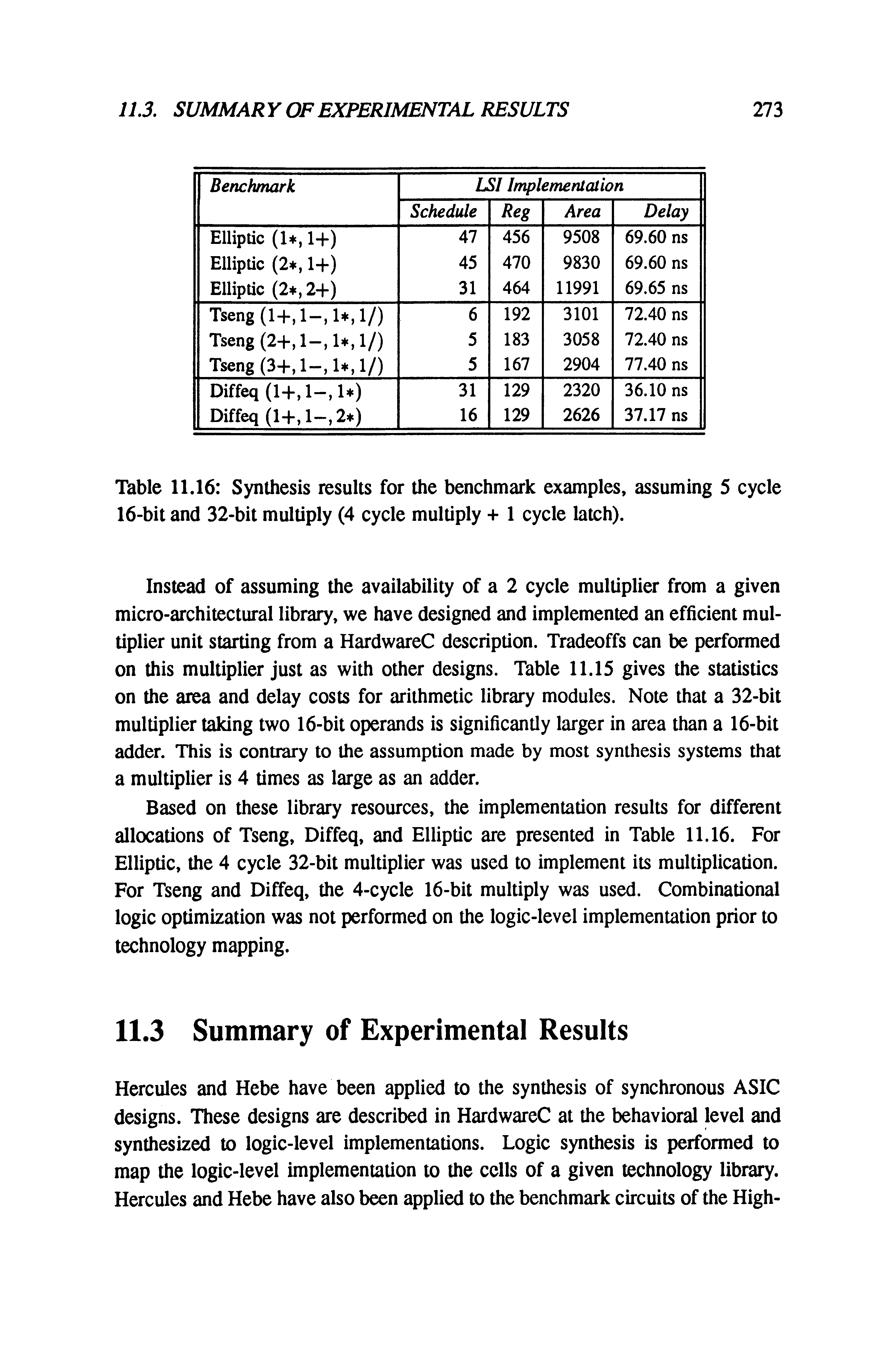 Table 11.16 Synthesis results for the benchmark examples, assuming 5 cycle 16-bit and 32-bit multiply (4 cycle multiply + 1 cycle latch).