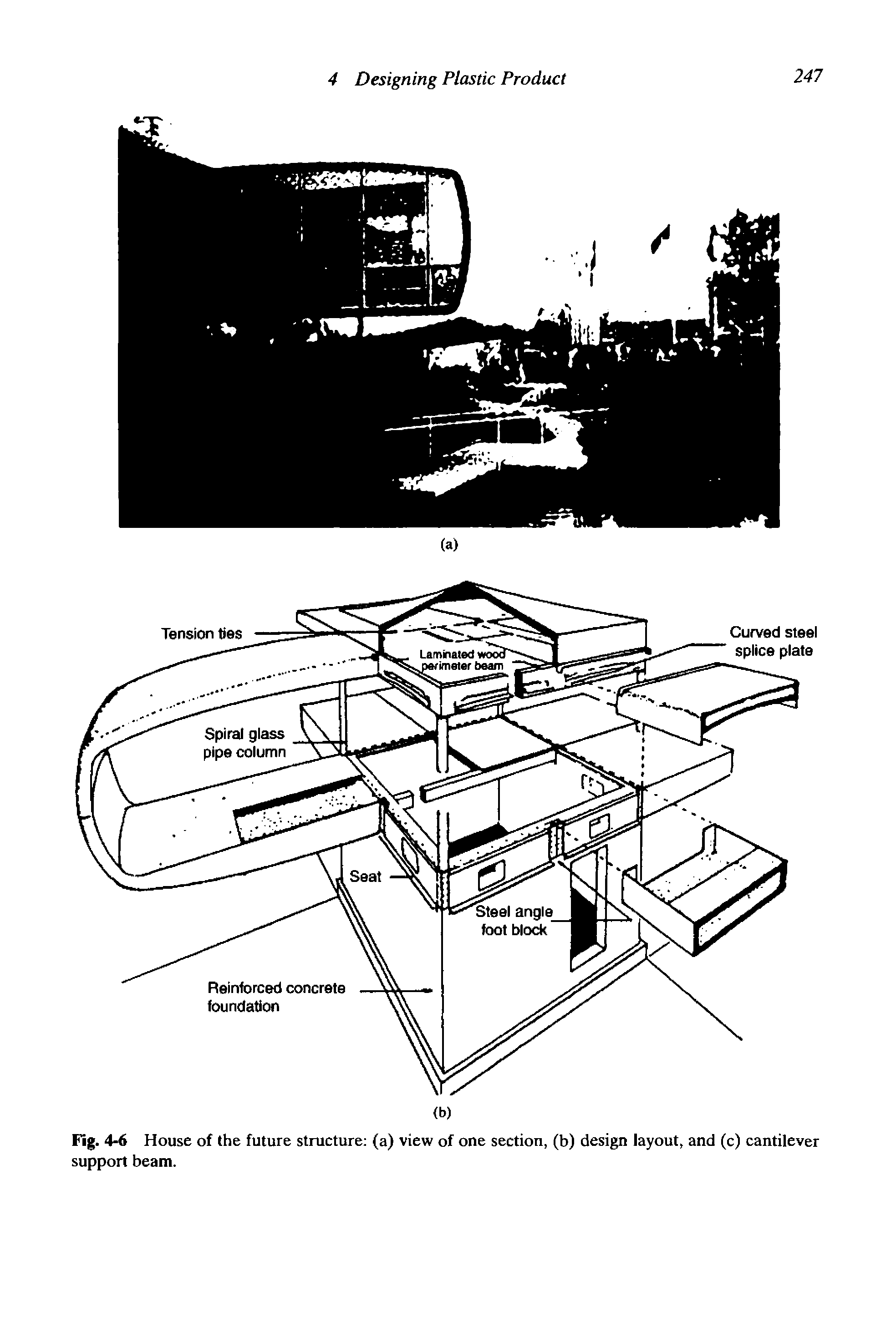 Fig. 4-6 House of the future structure (a) view of one section, (b) design layout, and (c) cantilever support beam.