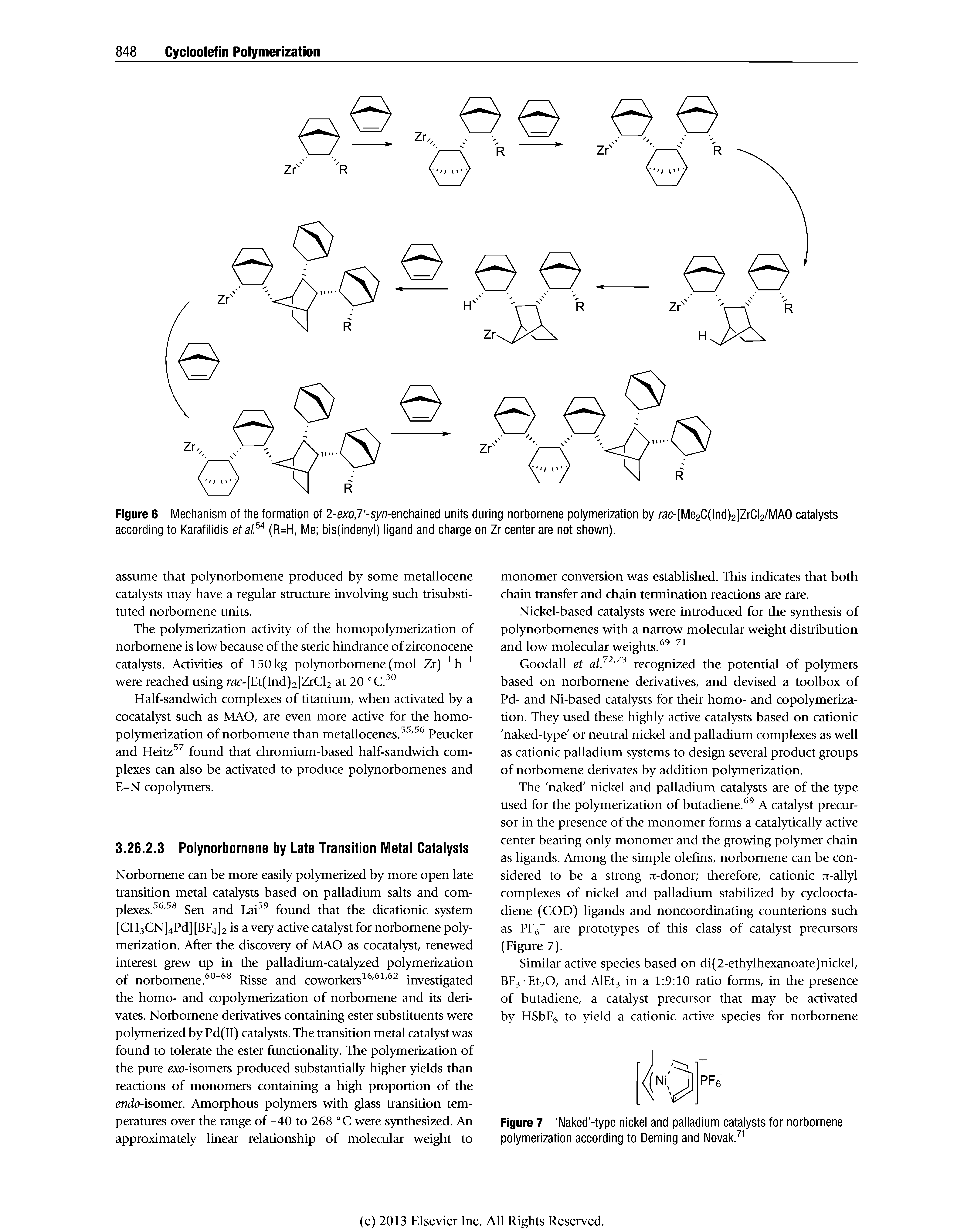 Figure 6 Mechanism of the formation of 2-exo,7 -sy/7-enchained units during norbornene polymerization by raf>[Me2C(lnd)2]ZrCl2/MA0 catalysts according to Karafiiidis etal. (R=H, Me bis(indenyi) iigand and charge on Zr center are not shown).