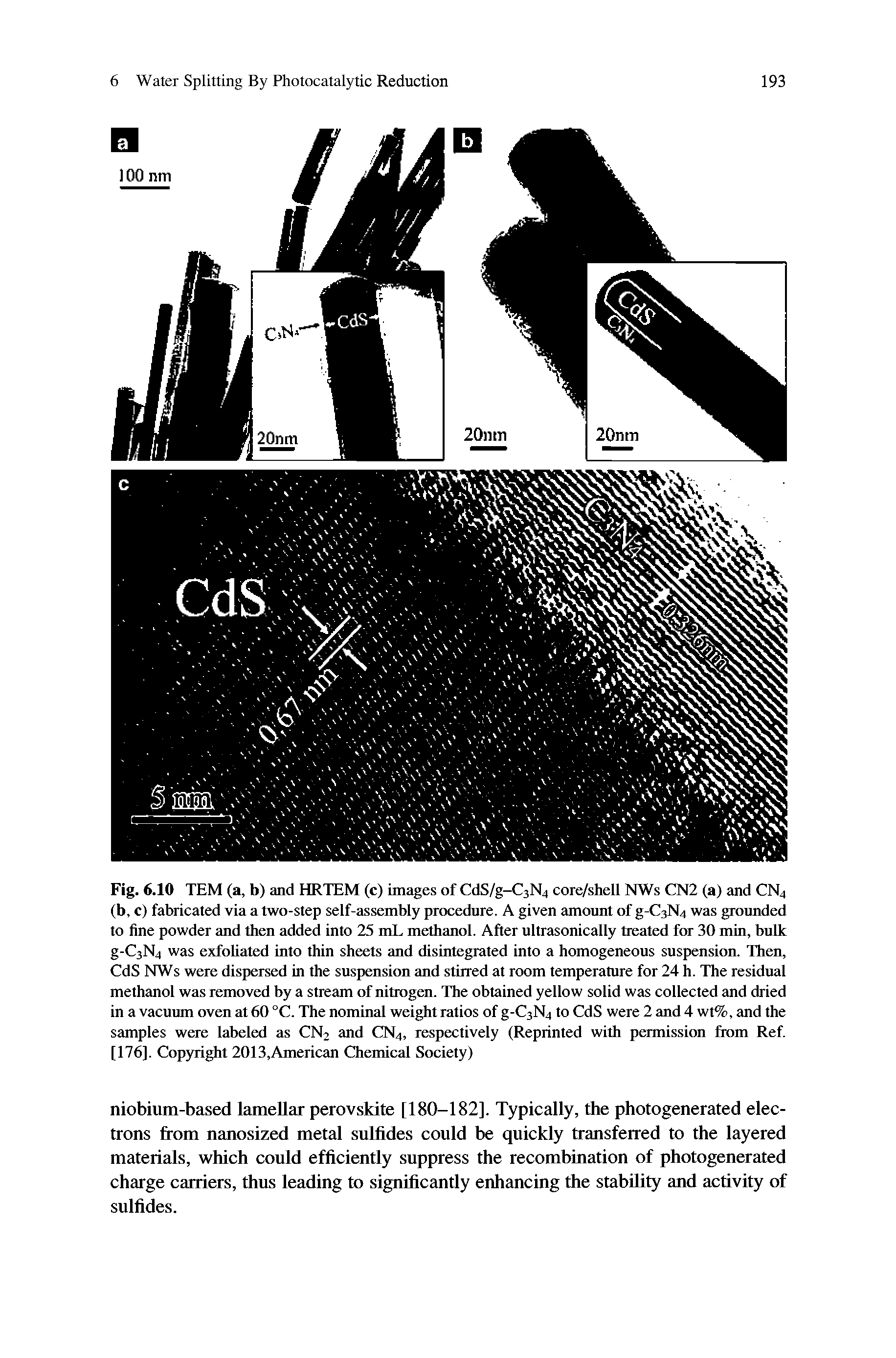 Fig. 6.10 TEM (a, b) and HRTEM (c) images of CdS/g-CaNa core/shell NWs CN2 (a) and CN4 (b, c) fabricated via a two-step self-assembly procedure. A given amount of g-C3N4 was grounded to fine powder and then added into 25 mL methanol. After ultrasonically treated for 30 min, bulk g-C3N4 was exfoliated into thin sheets and disintegrated into a homogeneous suspension. Then, CdS NWs were dispersed in the suspension and stirred at room temperature for 24 h. The residual methanol was removed by a stream of nitrogen. The obtained yellow solid was collected and dried in a vacuum oven at 60 °C. The nominal weight ratios of g-C3N4 to CdS were 2 and 4 wt%, and the samples were labeled as CN2 and CN4, respectively (Reprinted with permission from Ref [176]. Copyright 2013,American Chemical Society)...