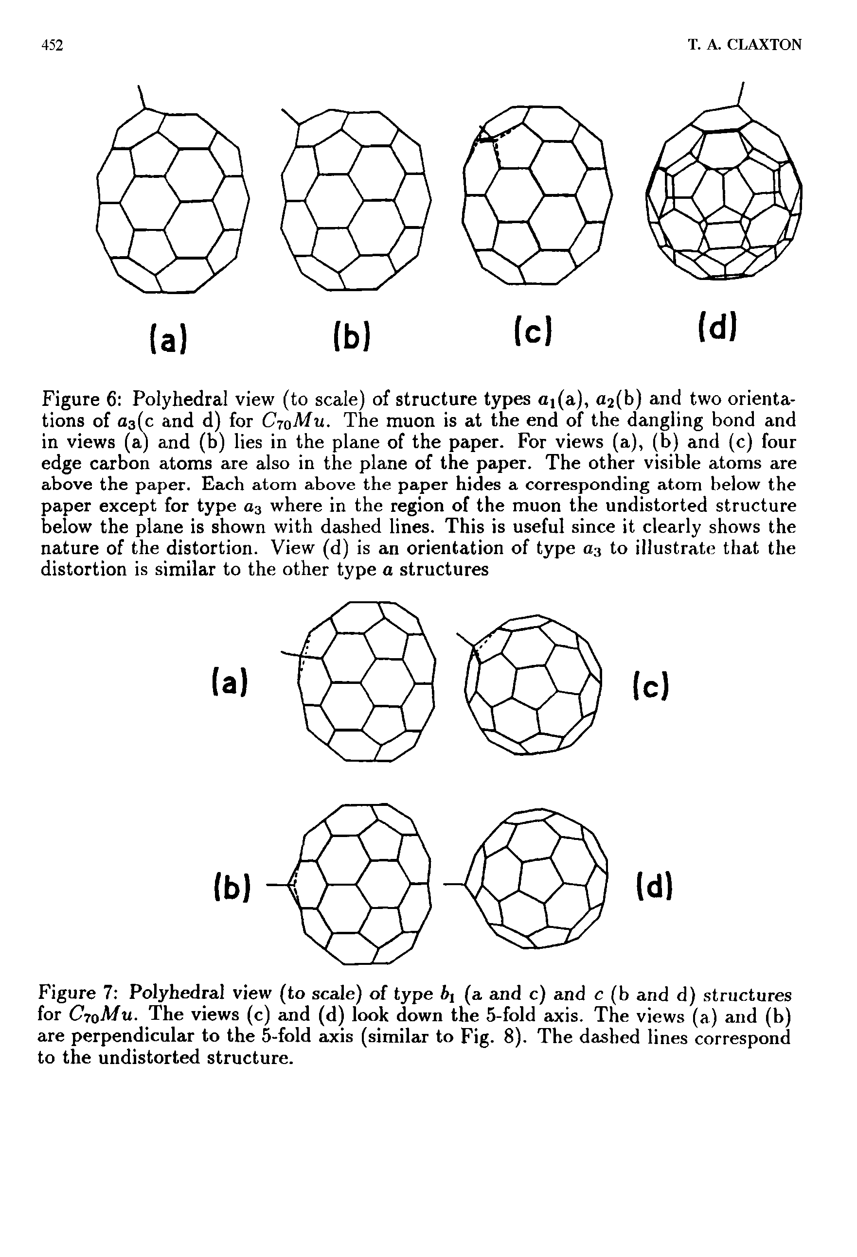 Figure 6 Polyhedral view (to scale) of structure types ai(a), a2(b) and two orientations of 03(0 and d) for CtqMu. The muon is at the end of the dangling bond and in views (a) and (b) lies in the plane of the paper. For views (a), (b) and (c) four edge carbon atoms are also in the plane of the paper. The other visible atoms are above the paper. Each atom above the paper hides a corresponding atom below the paper except for type 03 where in the region of the muon the undistorted structure below the plane is shown with dashed lines. This is useful since it clearly shows the nature of the distortion. View (d) is an orientation of type 03 to illustrate that the distortion is similar to the other type a structures...
