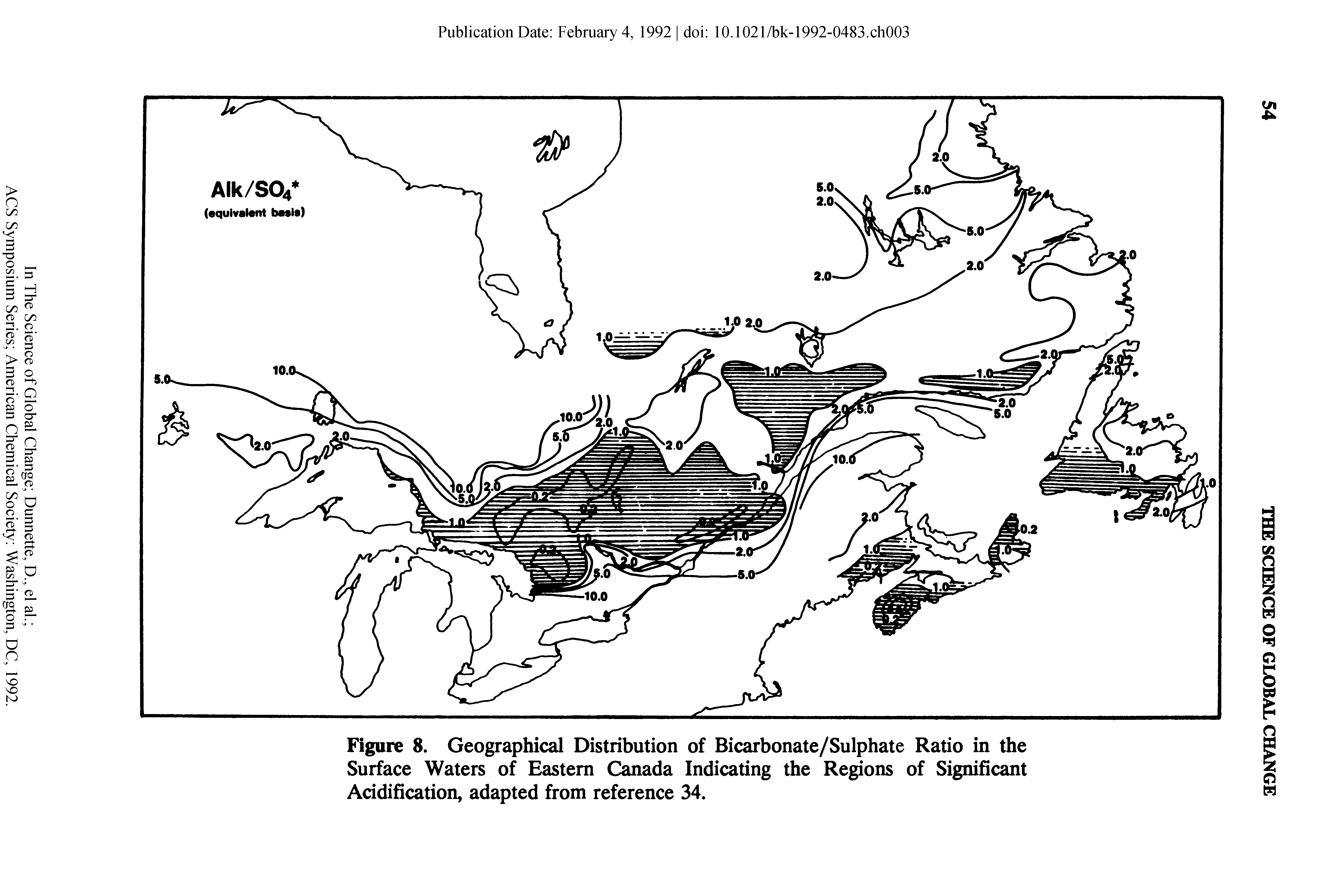 Figure 8. Geographical Distribution of Bicarbonate/Sulphate Ratio in the Surface Waters of Eastern Canada Indicating the Regions of Significant Acidification, adapted from reference 34.