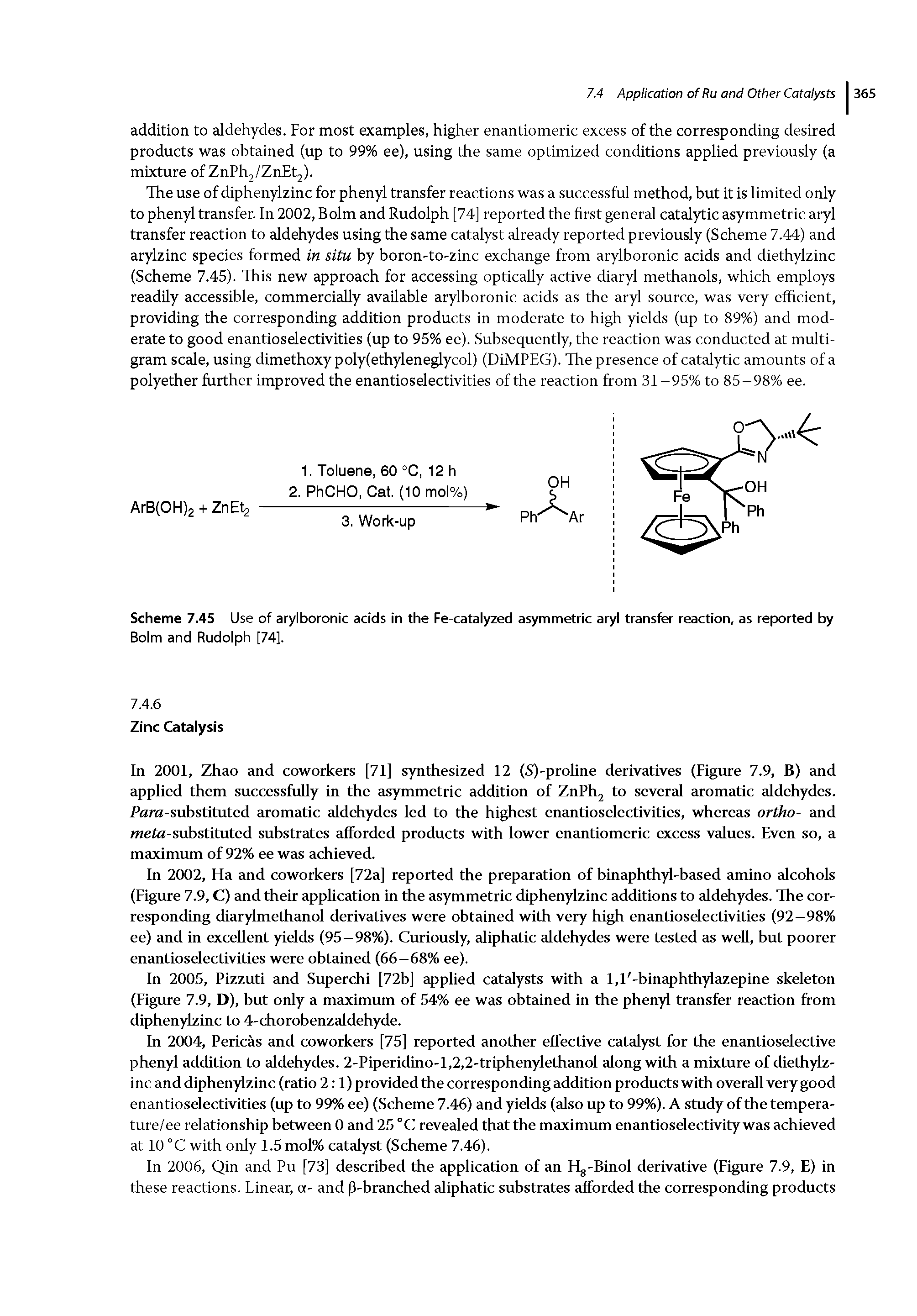 Scheme 7.45 Use of arylboronic acids in the Fe-catalyzed asymmetric aryl transfer reaction, as reported by Bolm and Rudolph [74].