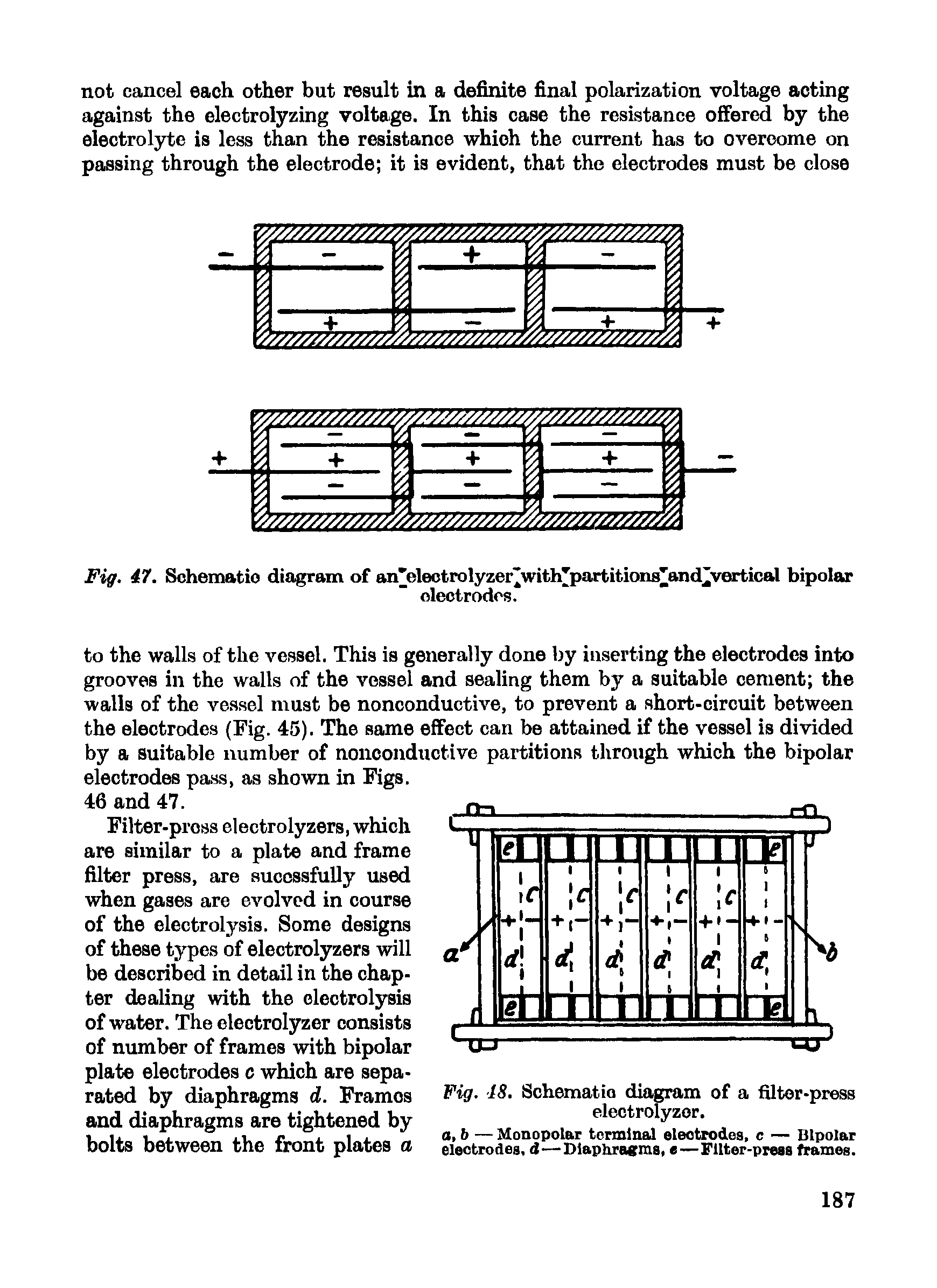 Fig. 47. Schematic diagram of an electrolyzer with"partitions and vertical bipolar...