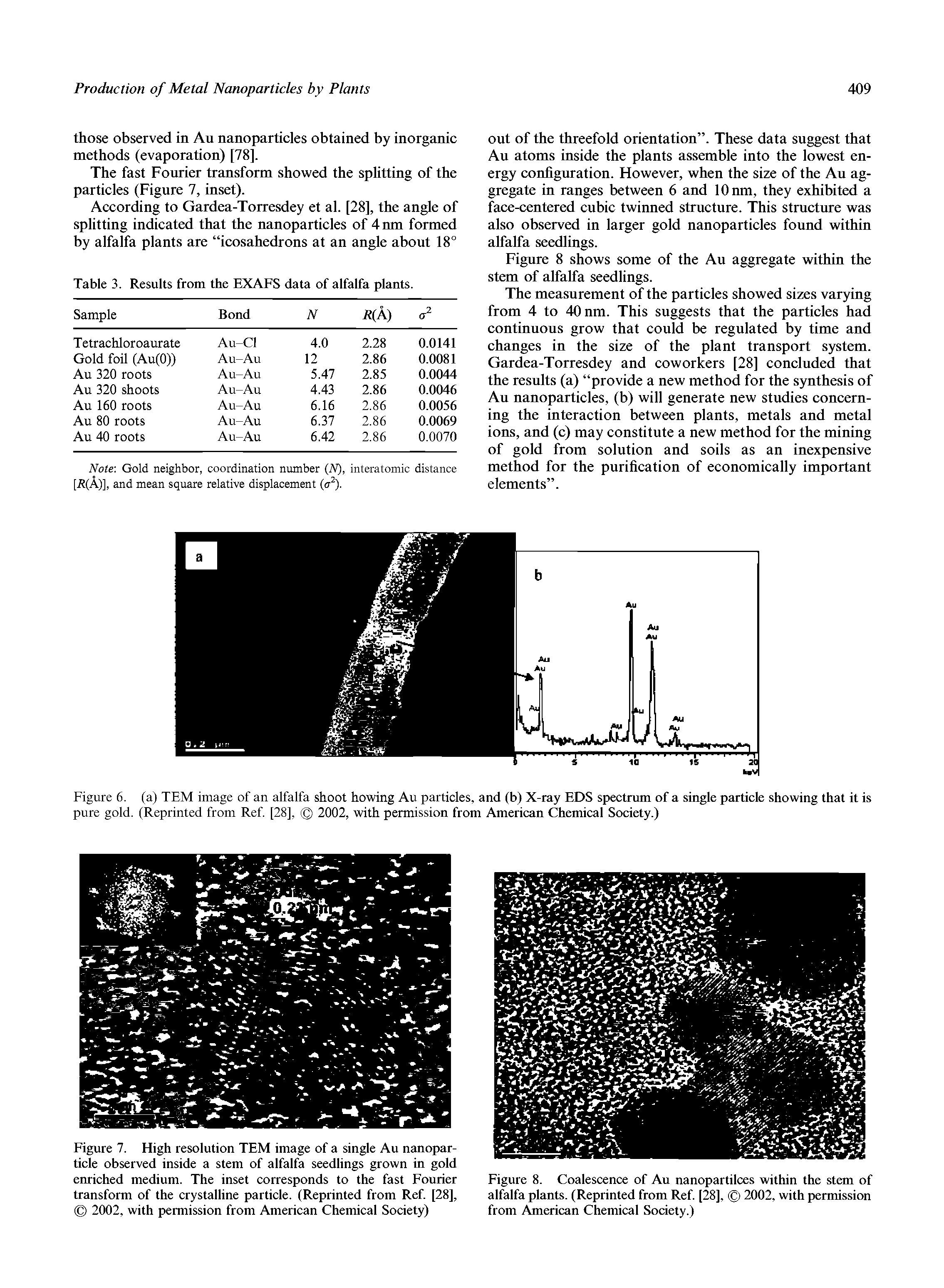 Figure 7. High resolution TEM image of a single Au nanoparticle observed inside a stem of alfalfa seedlings grown in gold emiched medium. The inset corresponds to the fast Fourier transform of the crystalline particle. (Reprinted from Ref. [28], 2002, with permission from American Chemical Society)...