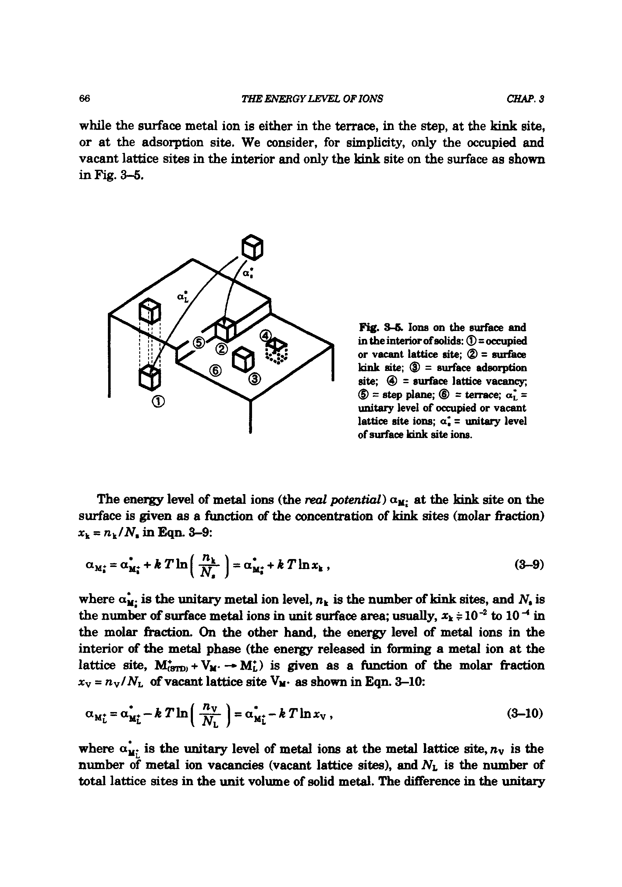 Fig. 3-6. Ions on the surface and in the interior of solids 0=occupied or vacant lattice site - surface kink site (S> = surface adsorption site = surface lattice vacancy, (f) = step plane = terrace ai = unitary level of occupied or vacant lattice site ions a = unitary level of surface kink site ions.