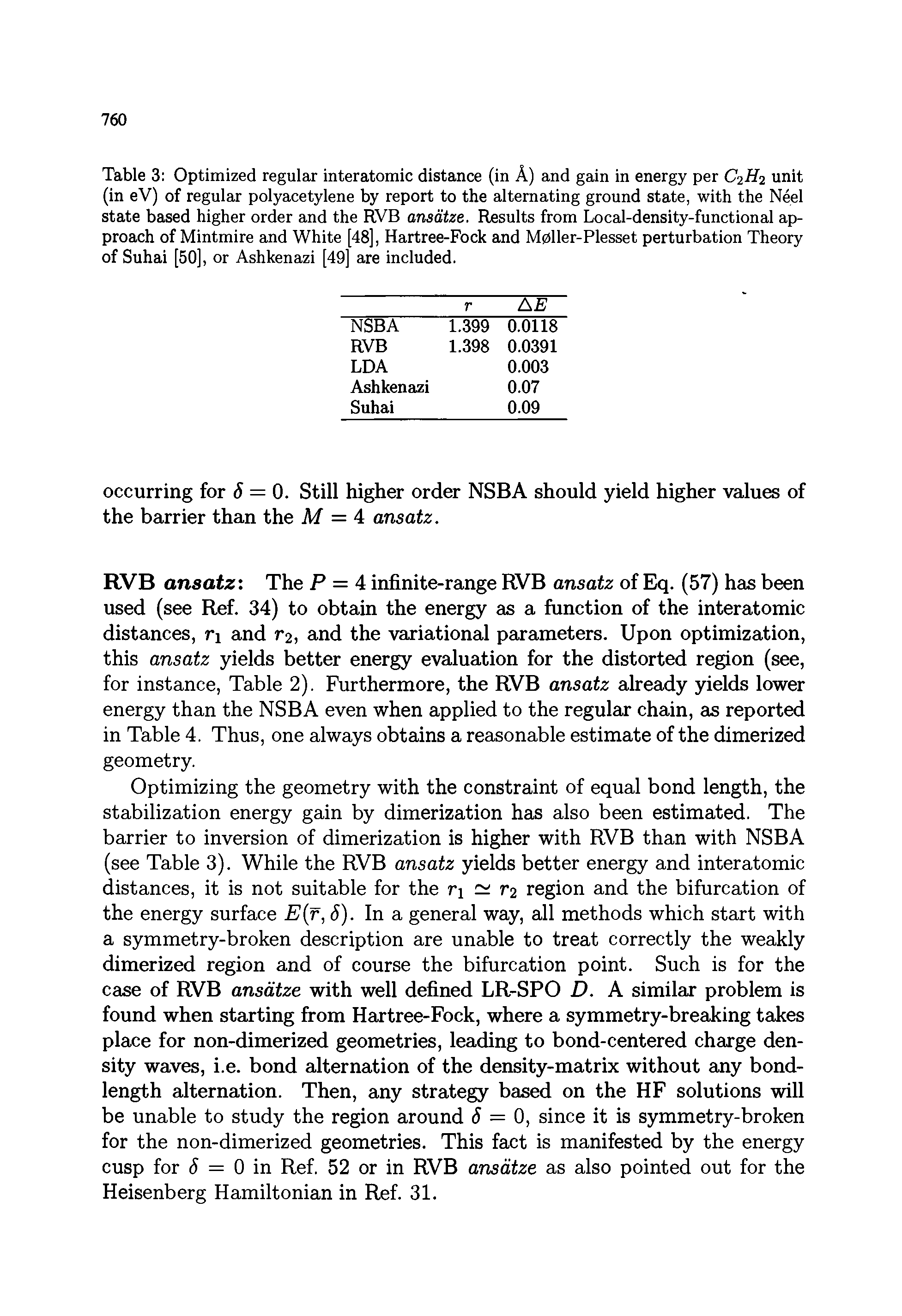 Table 3 Optimized regular interatomic distance (in A) and gain in energy per C2H2 unit (in eV) of regular polyacetylene by report to the alternating ground state, with the Neel state based higher order and the RVB ansatze. Results from Local-density-functional approach of Mintmire and White [48], Hartree-Fock and Mpller-Plesset perturbation Theory of Suhai [50], or Ashkenazi [49] are included.