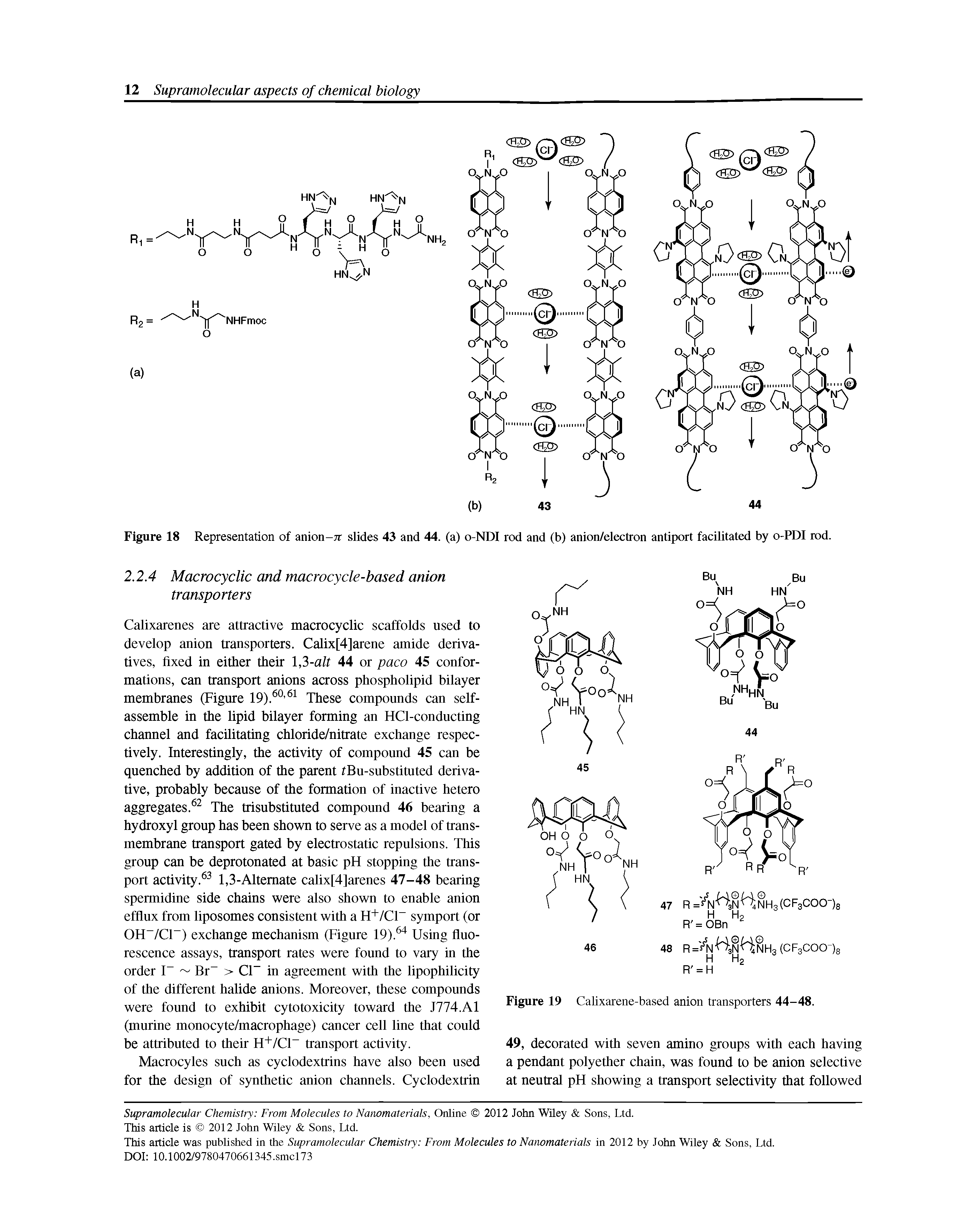 Figure 18 Representation of anion- 7r slides 43 and 44. (a) o-NDI rod and (b) anion/electron antiport facilitated by o-PDI rod.