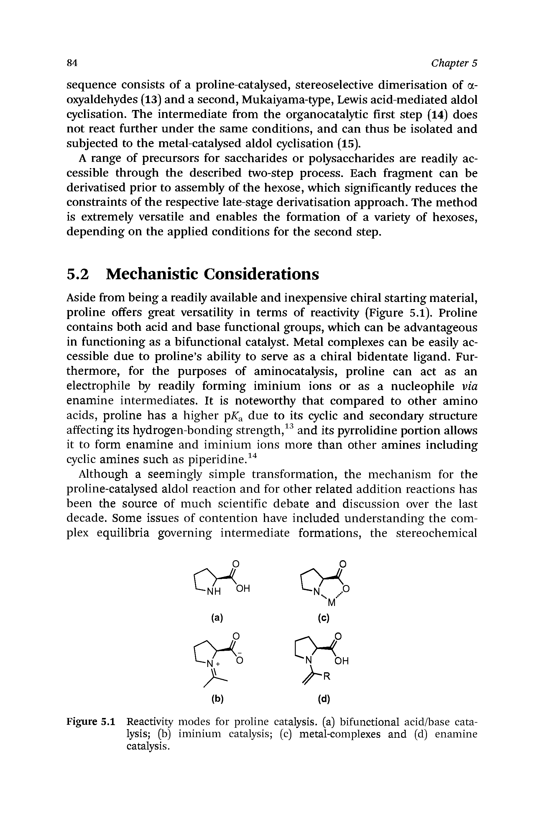 Figure 5.1 Reactivity modes for proline eatalysis. (a) bifunctional acid/base catalysis (b) iminium catalysis (c) metal-complexes and (d) enamine catalysis.