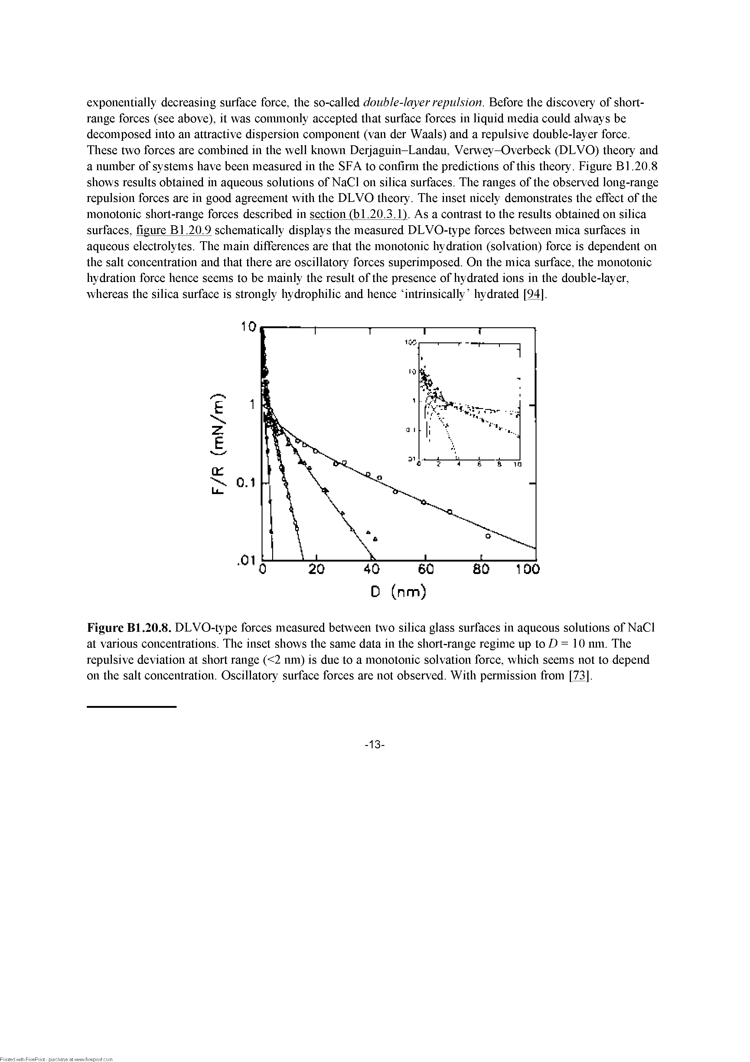 Figure Bl.20.8. DLVO-type forces measured between two silica glass surfaces in aqueous solutions of NaCl at various concentrations. The inset shows the same data in the short-range regime up to D = 10 mn. The repulsive deviation at short range (<2 nm) is due to a monotonic solvation force, which seems not to depend on the salt concentration. Oscillatory surface forces are not observed. With pemiission from [73].