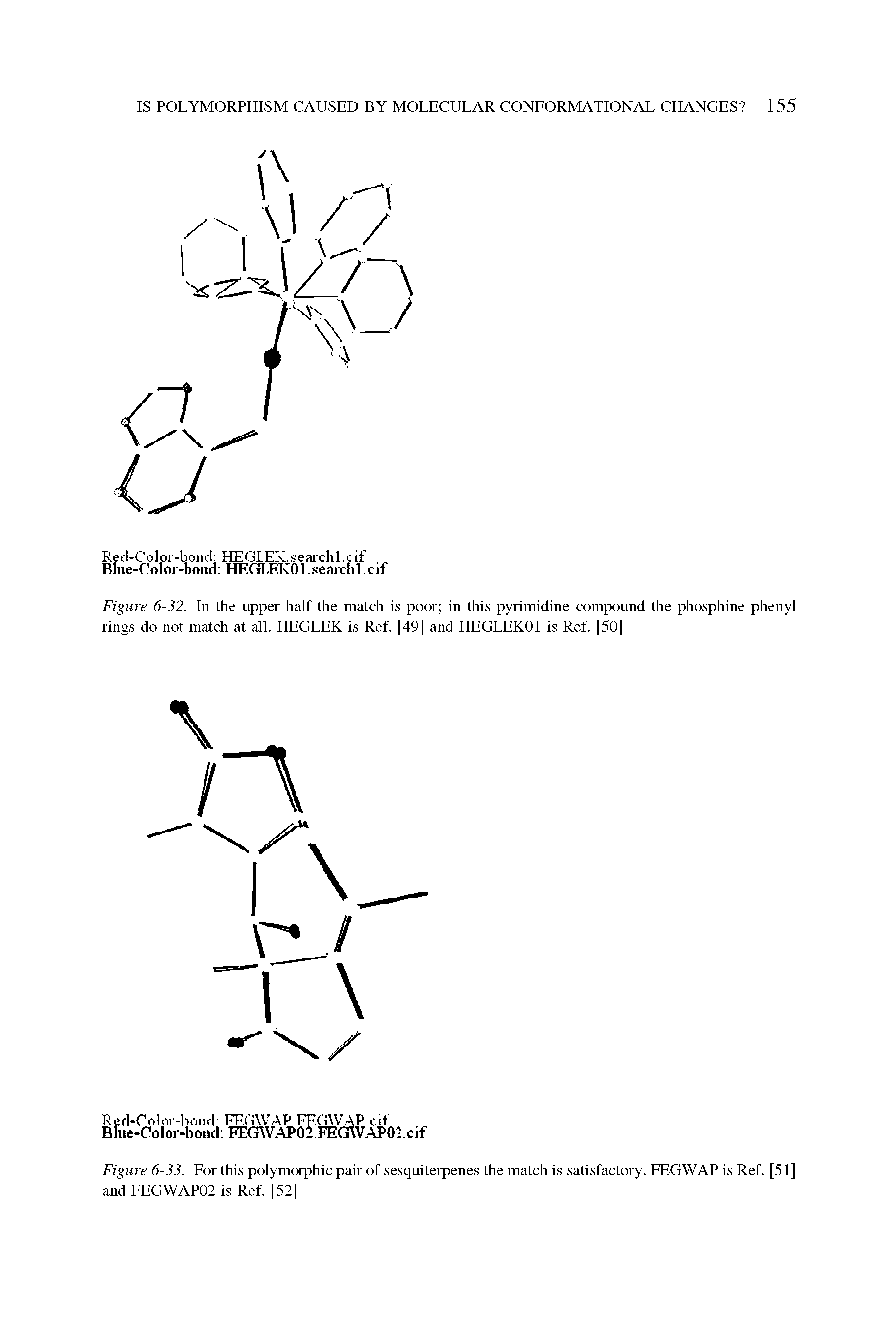 Figure 6-32. In the upper half the match is poor in this pyrimidine compound the phosphine phenyl rings do not match at all. HEGLEK is Ref. [49] and HEGLEKOl is Ref. [50]...