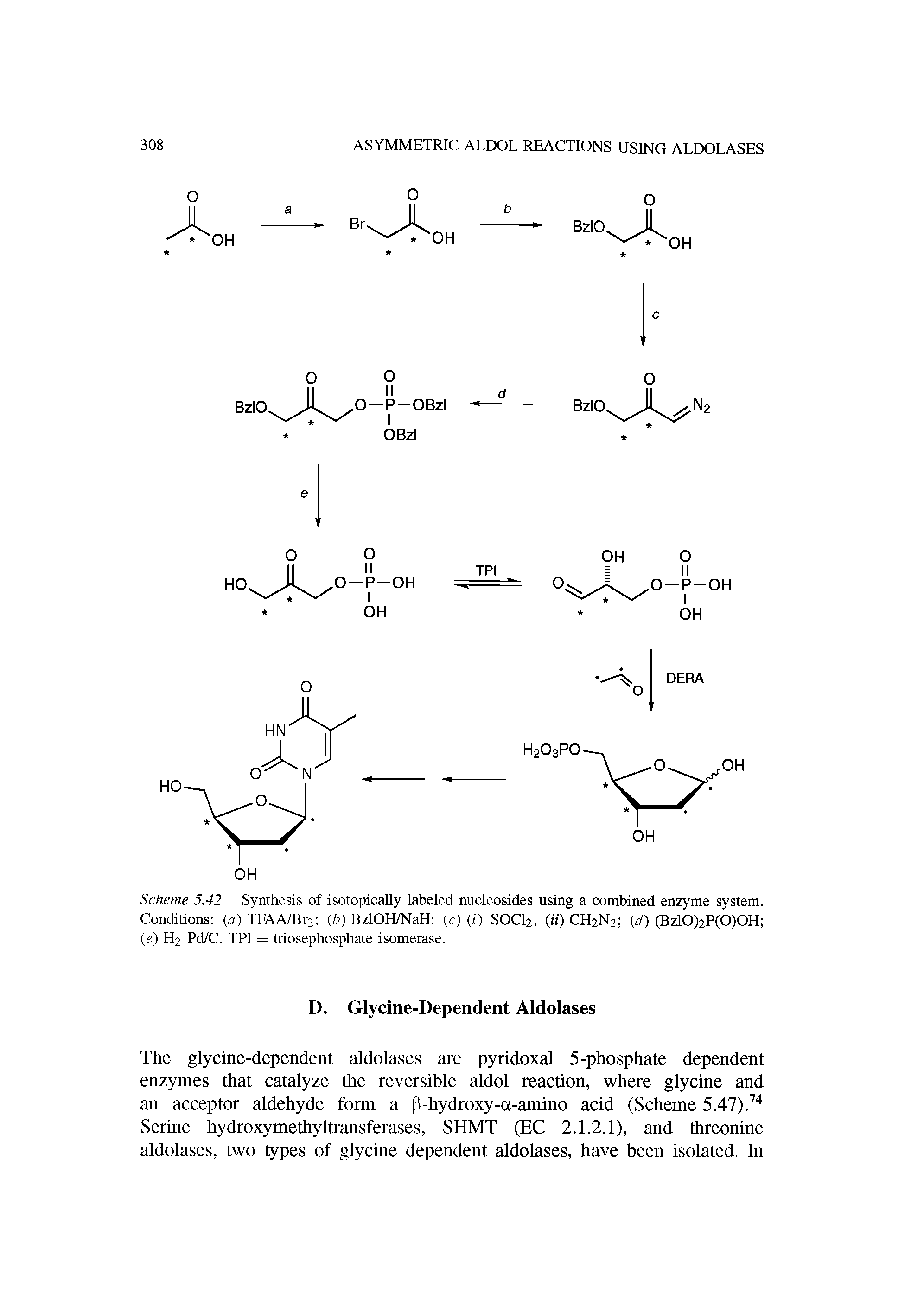 Scheme 5.42. Synthesis of isotopically labeled nucleosides using a combined enzyme system. Conditions (a) TFAA/Br2 (b) BzlOH/NaH (c) (i) SOCl2) (a) CH2N2 (d) (Bzl0)2P(0)0H (e) H2 Pd/C. TPI = triosephosphate isomerase.